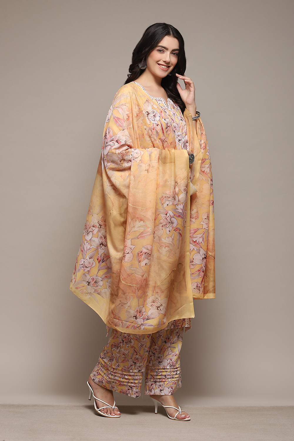 Yellow Cotton Blend Digital Print Unstitched Suit Set image number 7