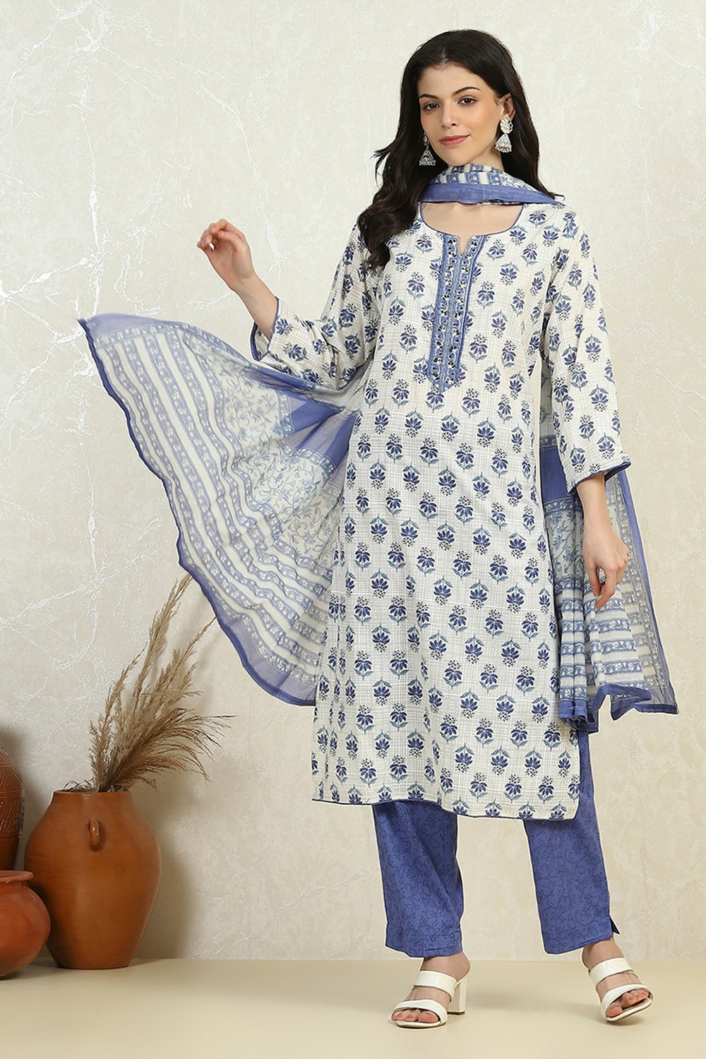 Orange Cotton Printed Embroidered Unstitched Suit Set image number 1
