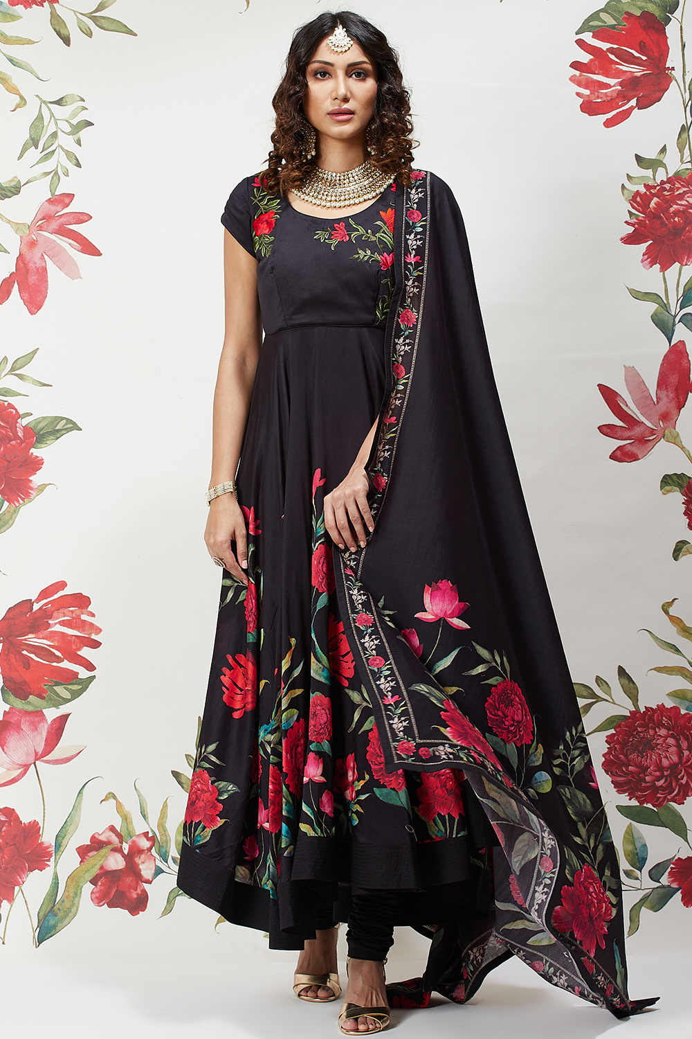 Rohit Bal Black Cotton Silk Flared Printed Suit Set image number 4