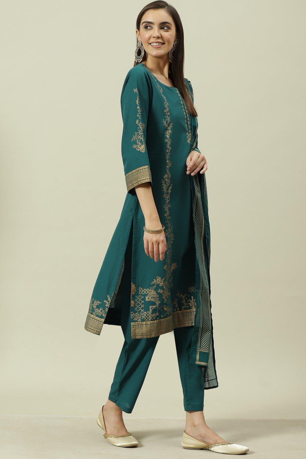 Teal Green Printed Cotton Straight Suit Set image number 6