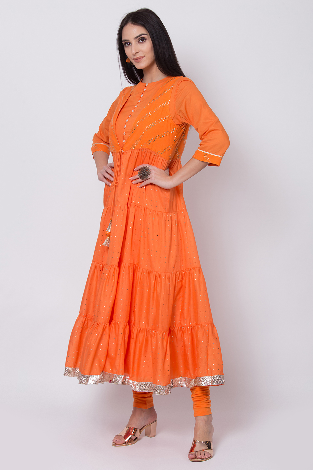 Orange Cotton Front Open Kurta Churidar Suit Set image number 2