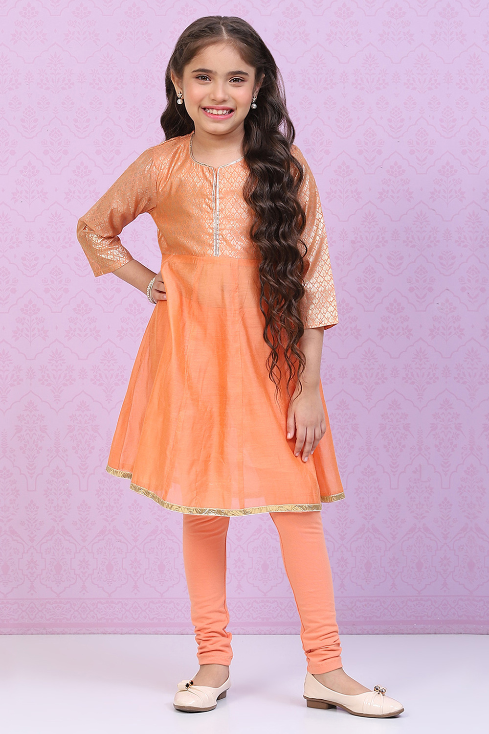 Orange Art Silk Straight Printed Kurta Set image number 0