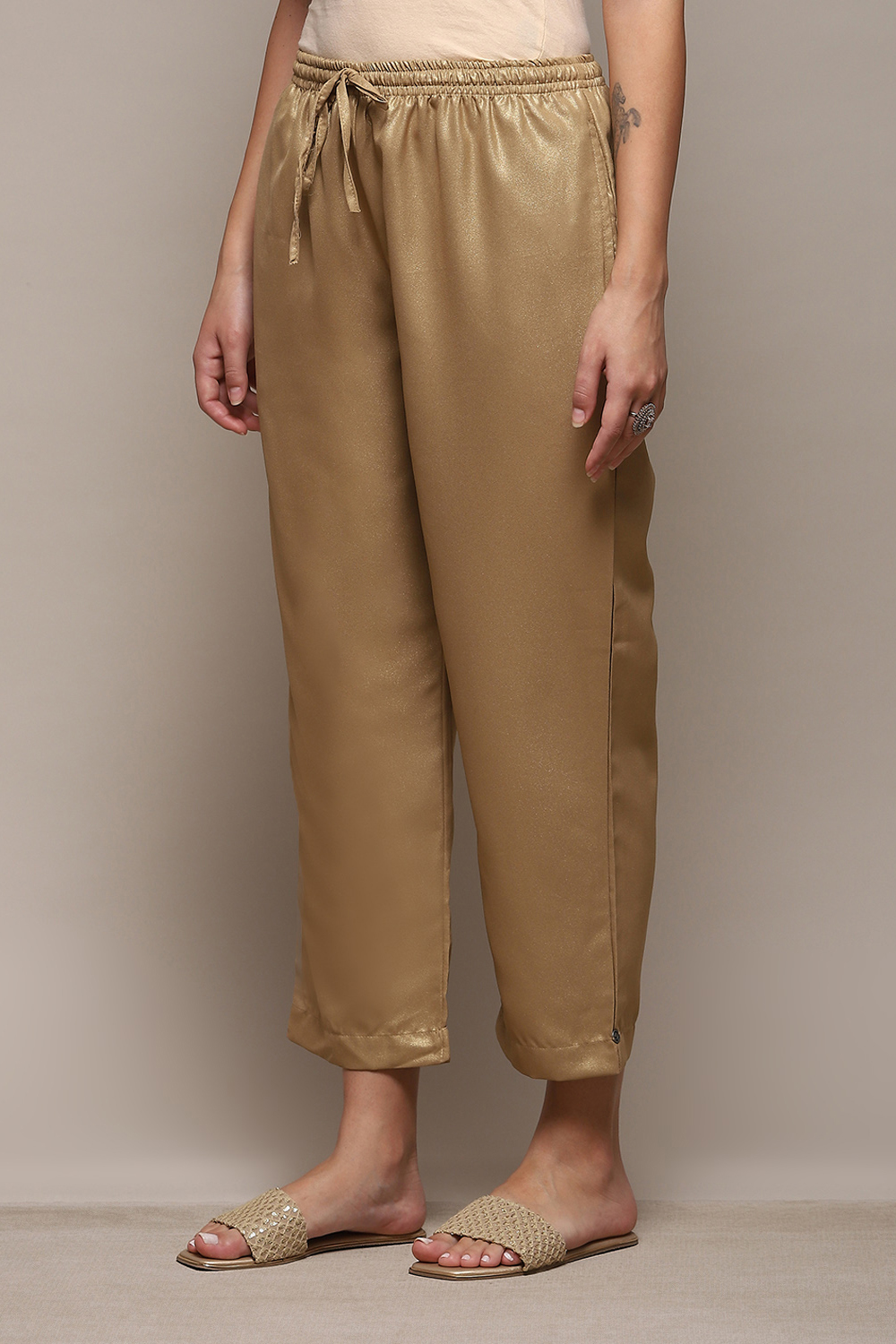 Antique Gold Polyester Slim Printed Pants image number 2