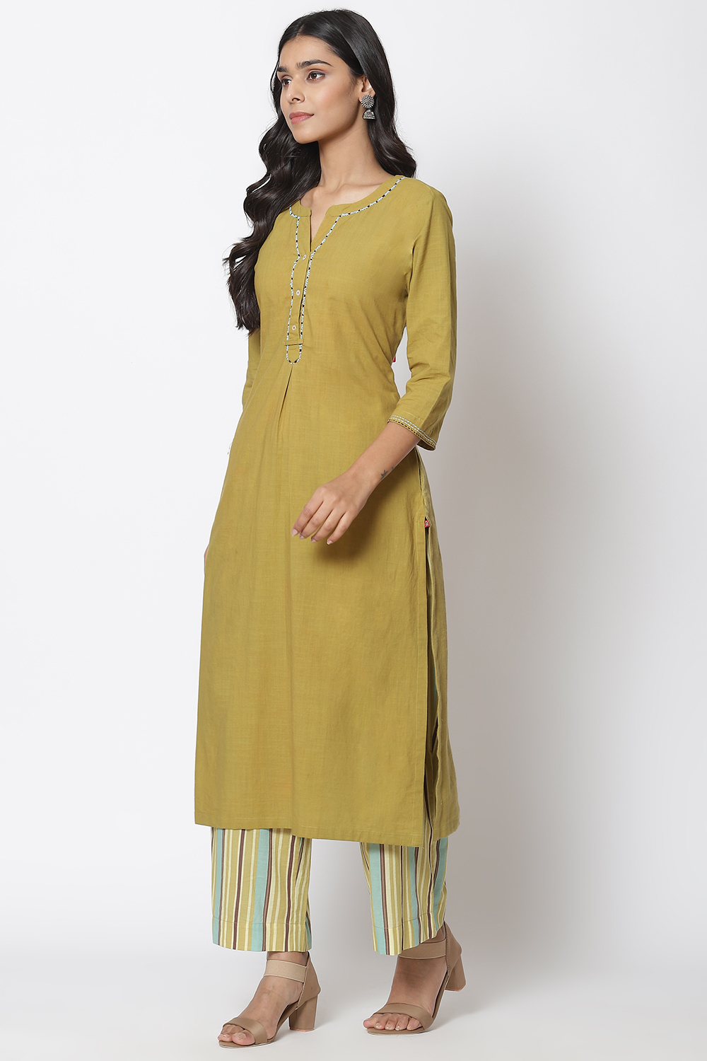 Olive Green Viscose Straight Kurta Palazzo Suit Set image number 3