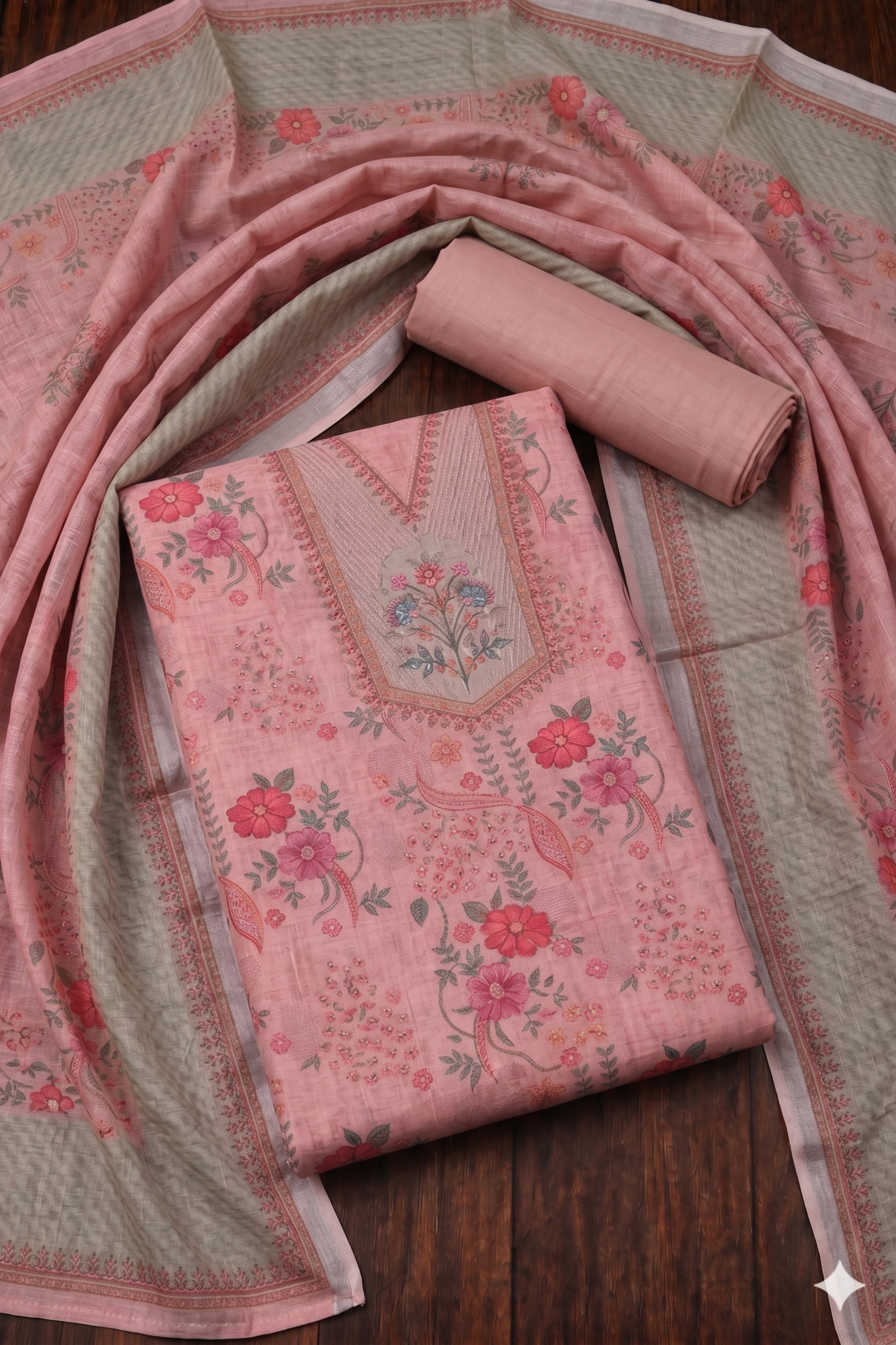 Peach Linen Floral Print With Handwork Unstitched Suit Set image number 0