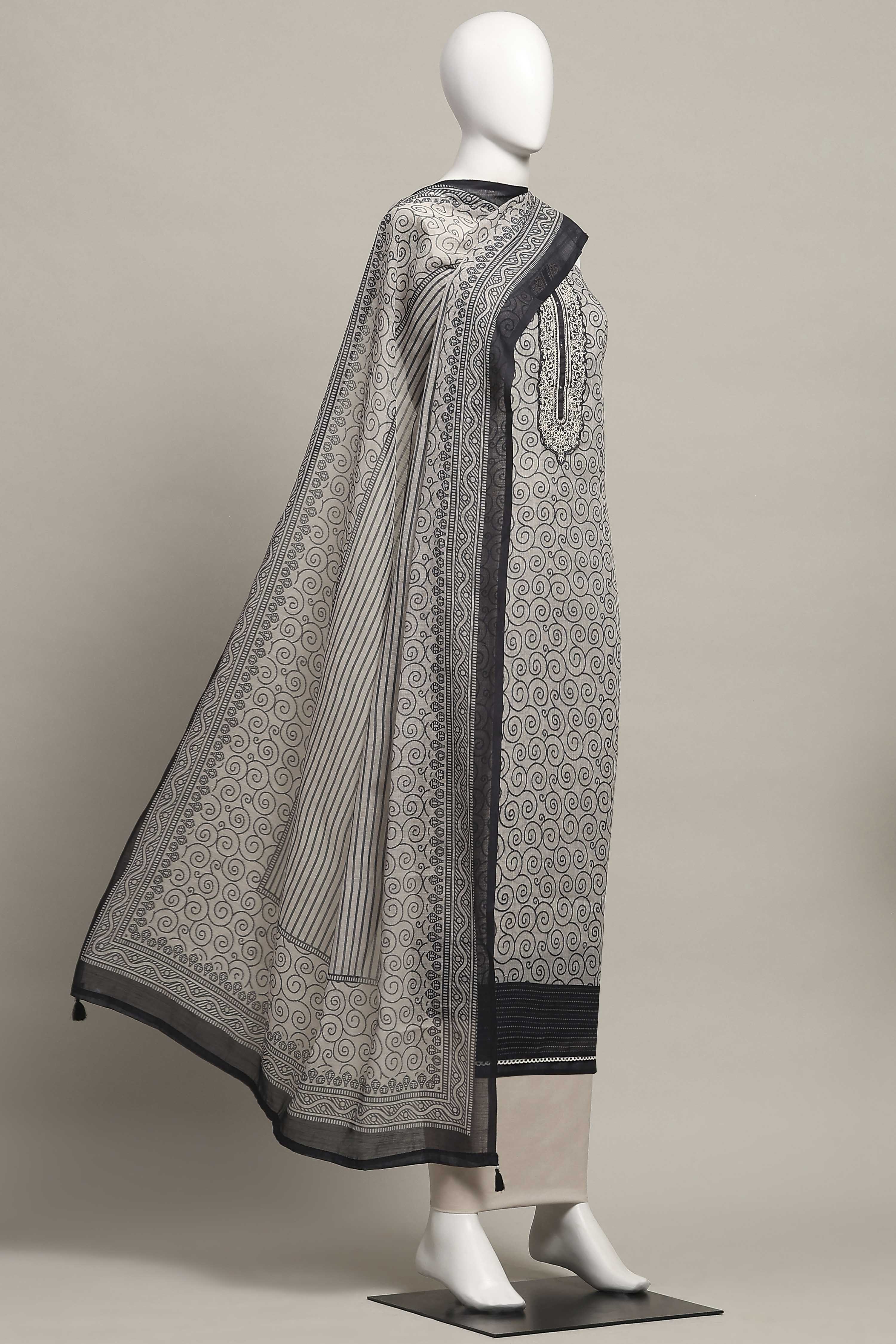 Blue Cotton Printed Embroidered Unstitched Suit Set image number 4