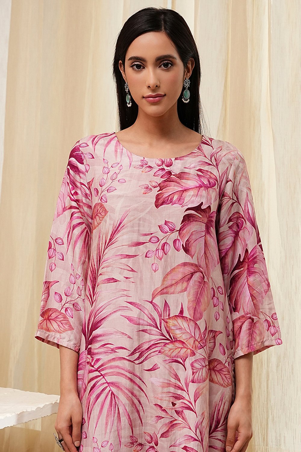 Pink Modal Floral Printed Straight Kurta Set image number 1