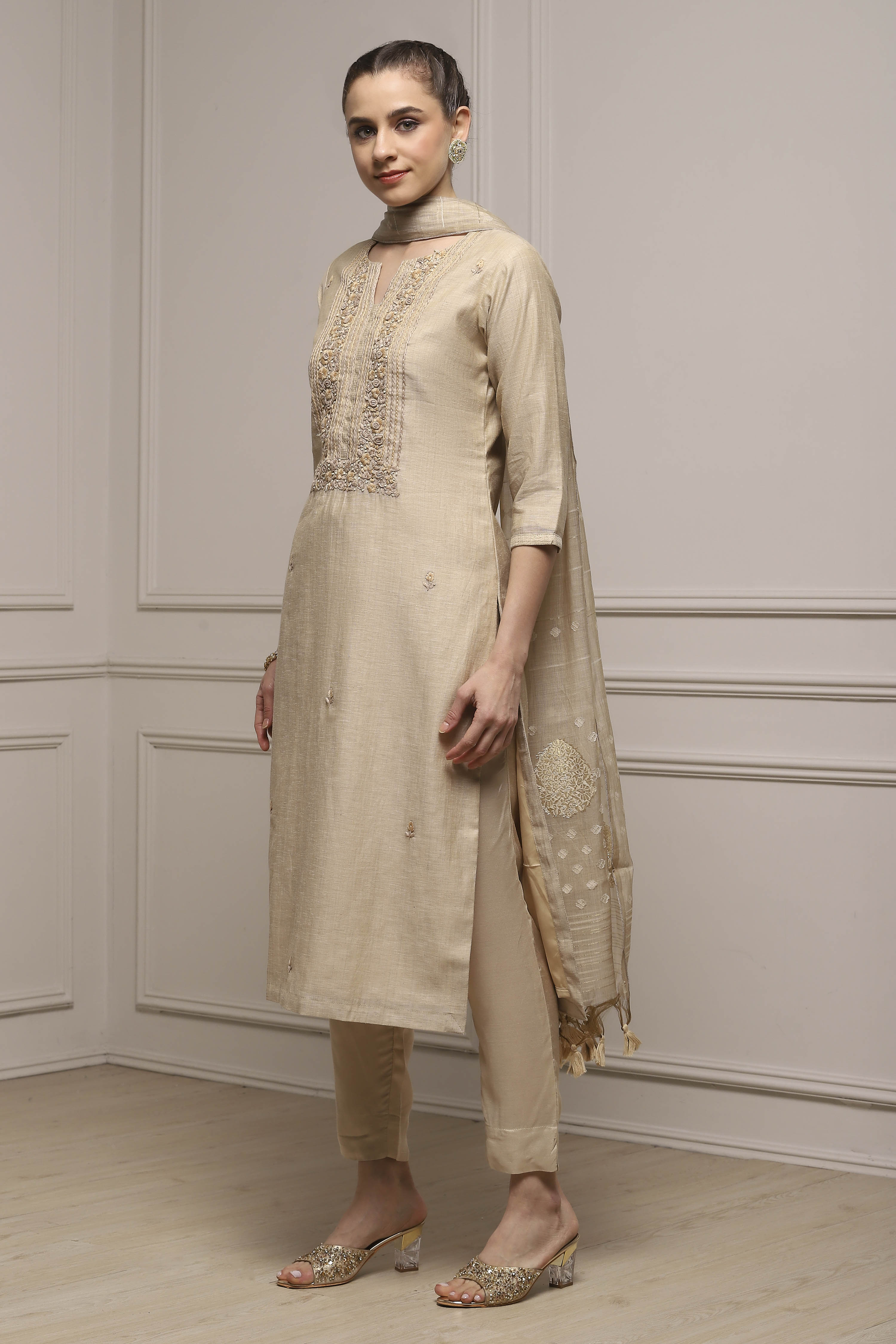 Beige Chanderi Blend Hand Embroidered Unstitched Suit Set image number 4