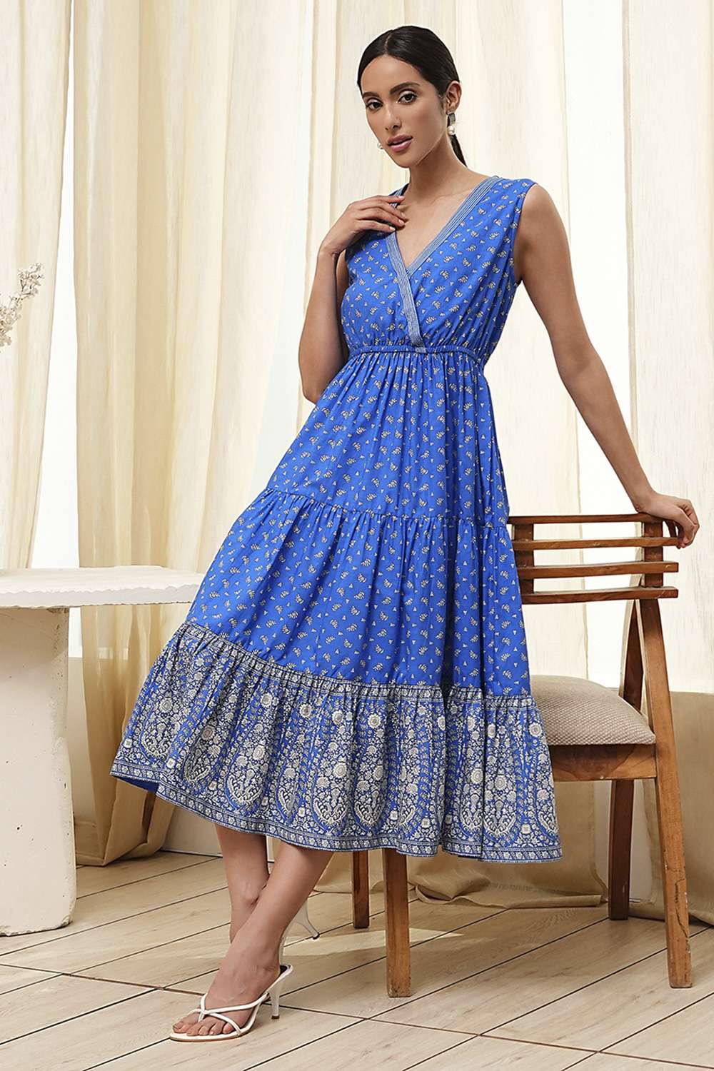 Blue Cotton Printed Tiered Dress image number 6