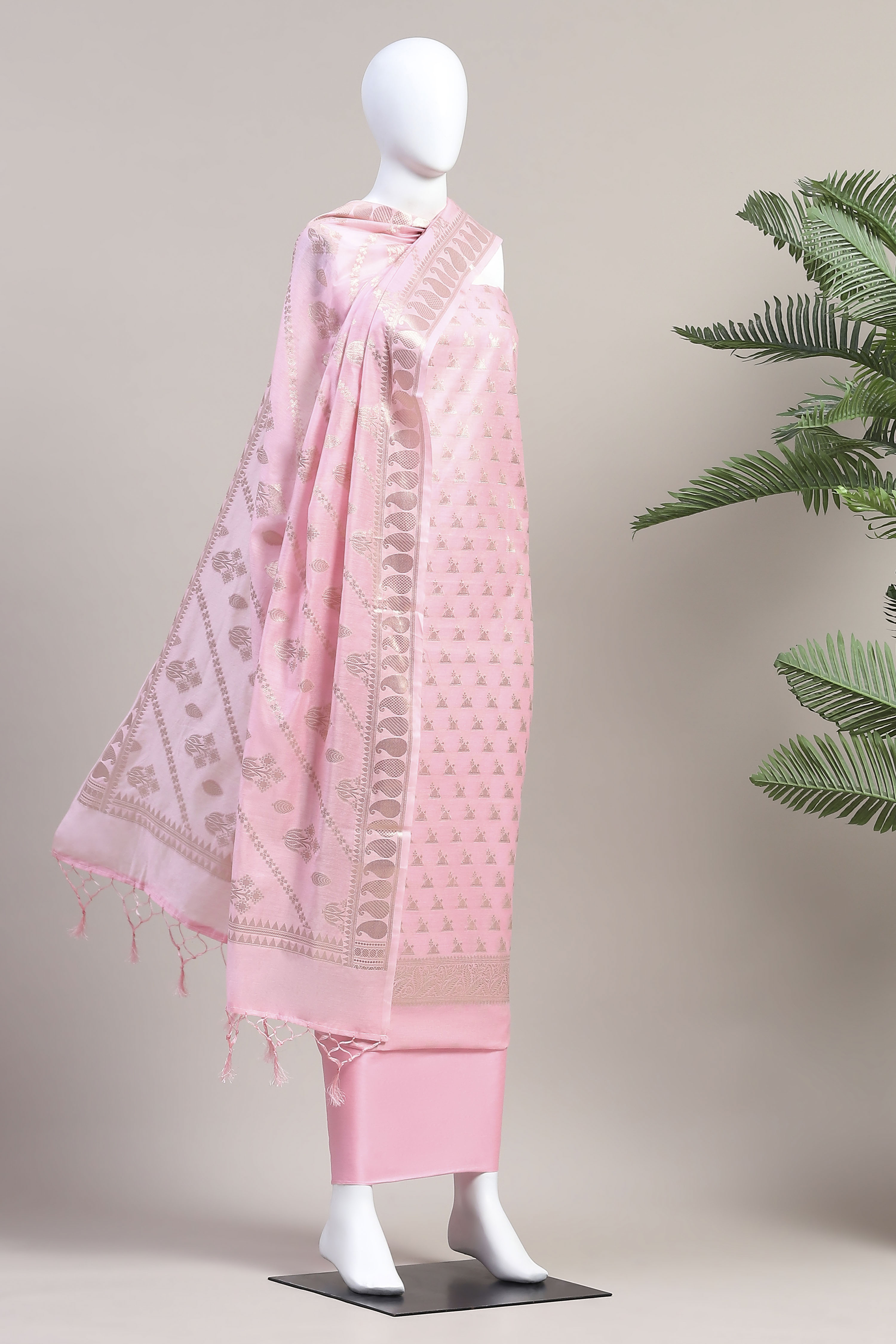 Hot Pink Cotton Printed Embroidered Unstitched Suit Set image number 4