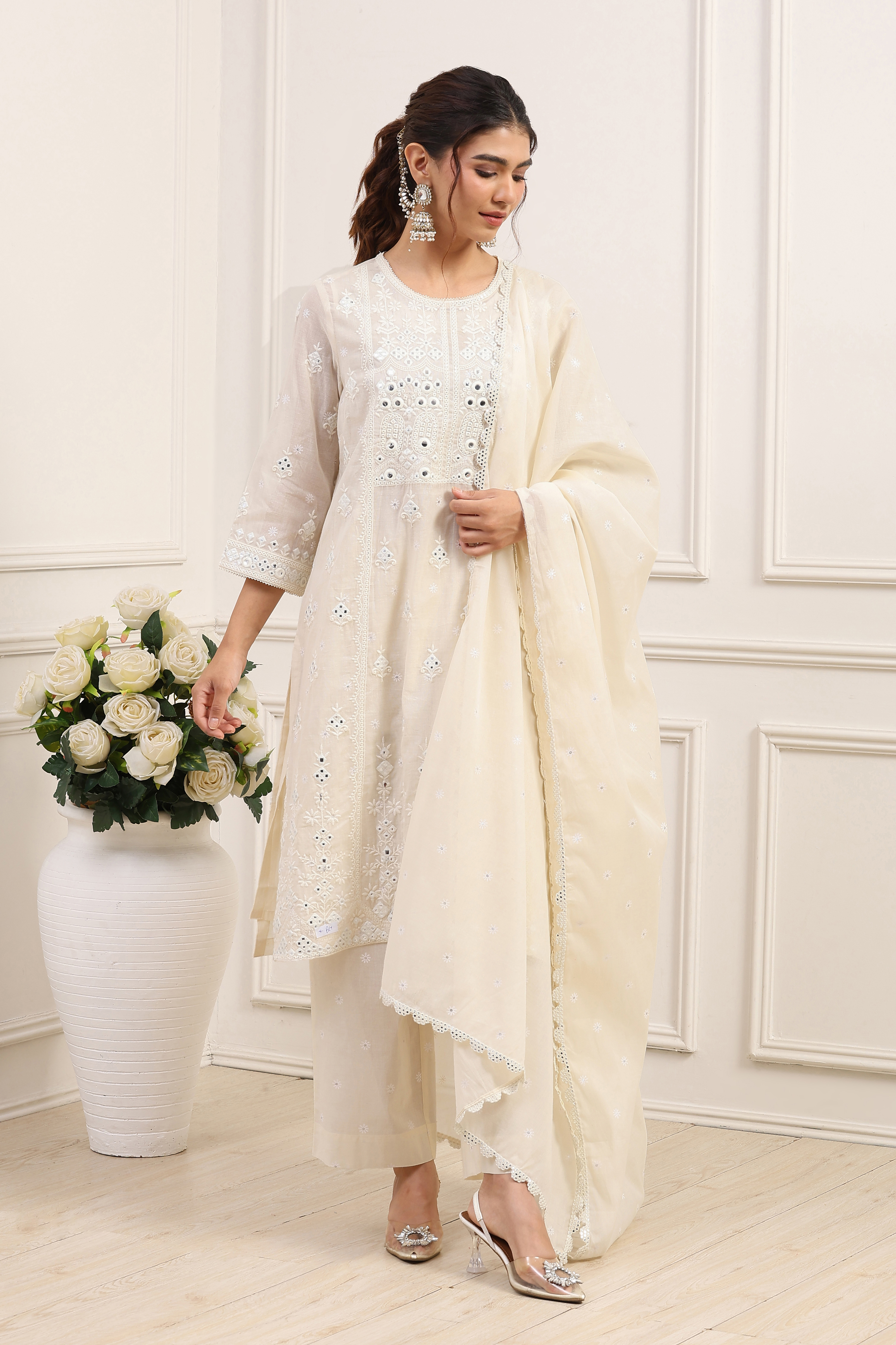 Off-White Cotton Embroidered Straight Suit Set image number 0