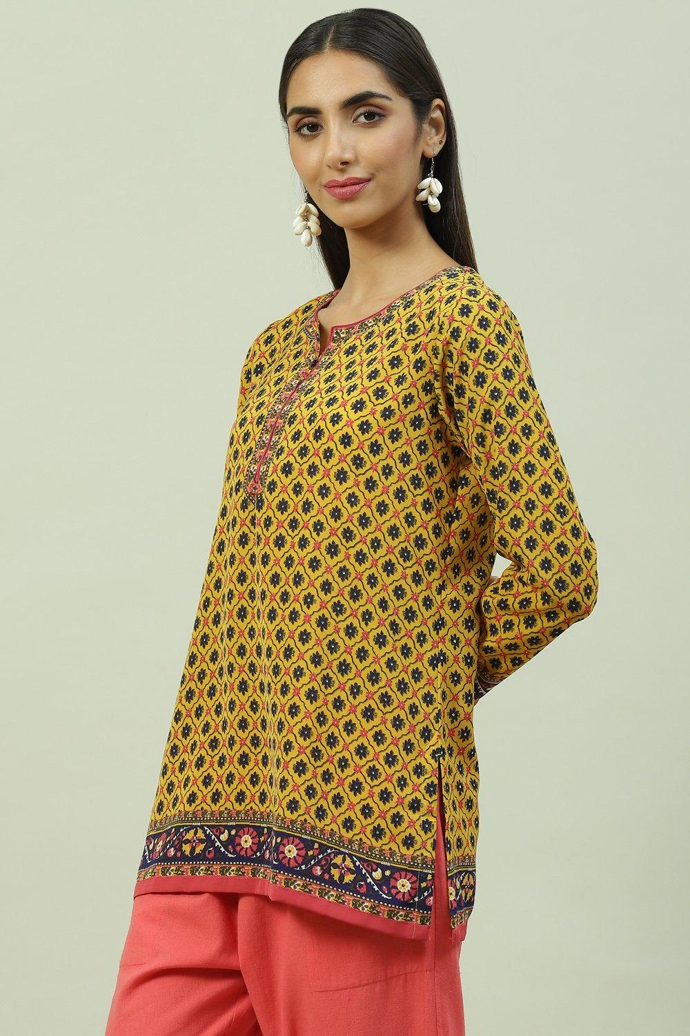 Mustard Art Silk Straight Printed Kurti image number 2