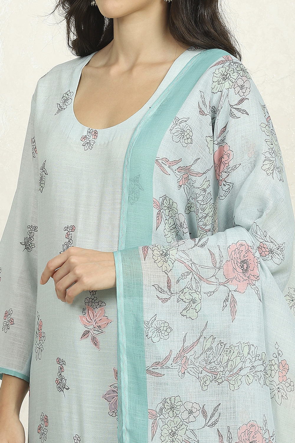 Sea Green Linen Unstitched Suit Set image number 2
