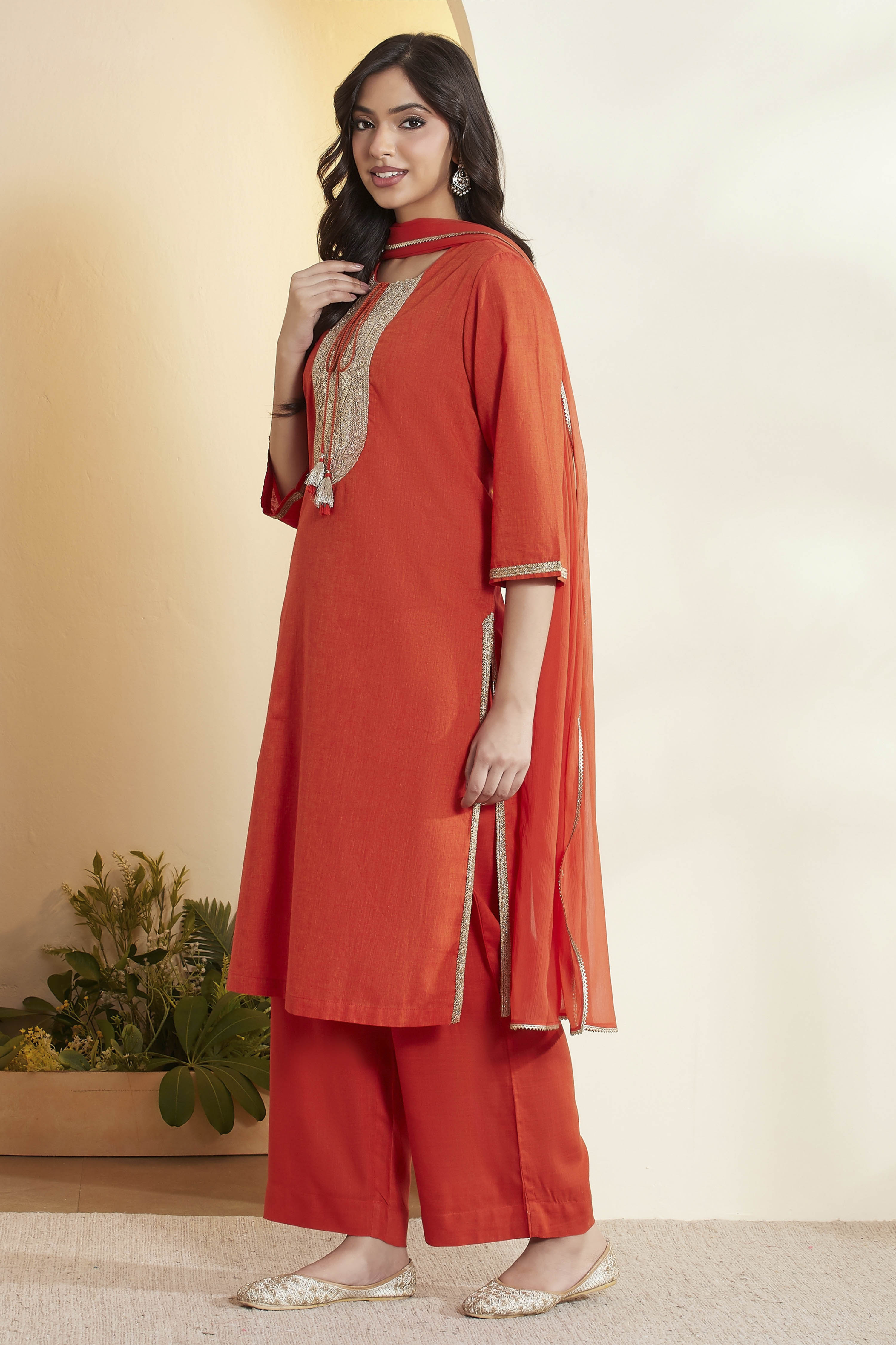 Rust Cotton Yoke Design Straight Kurta Set image number 4