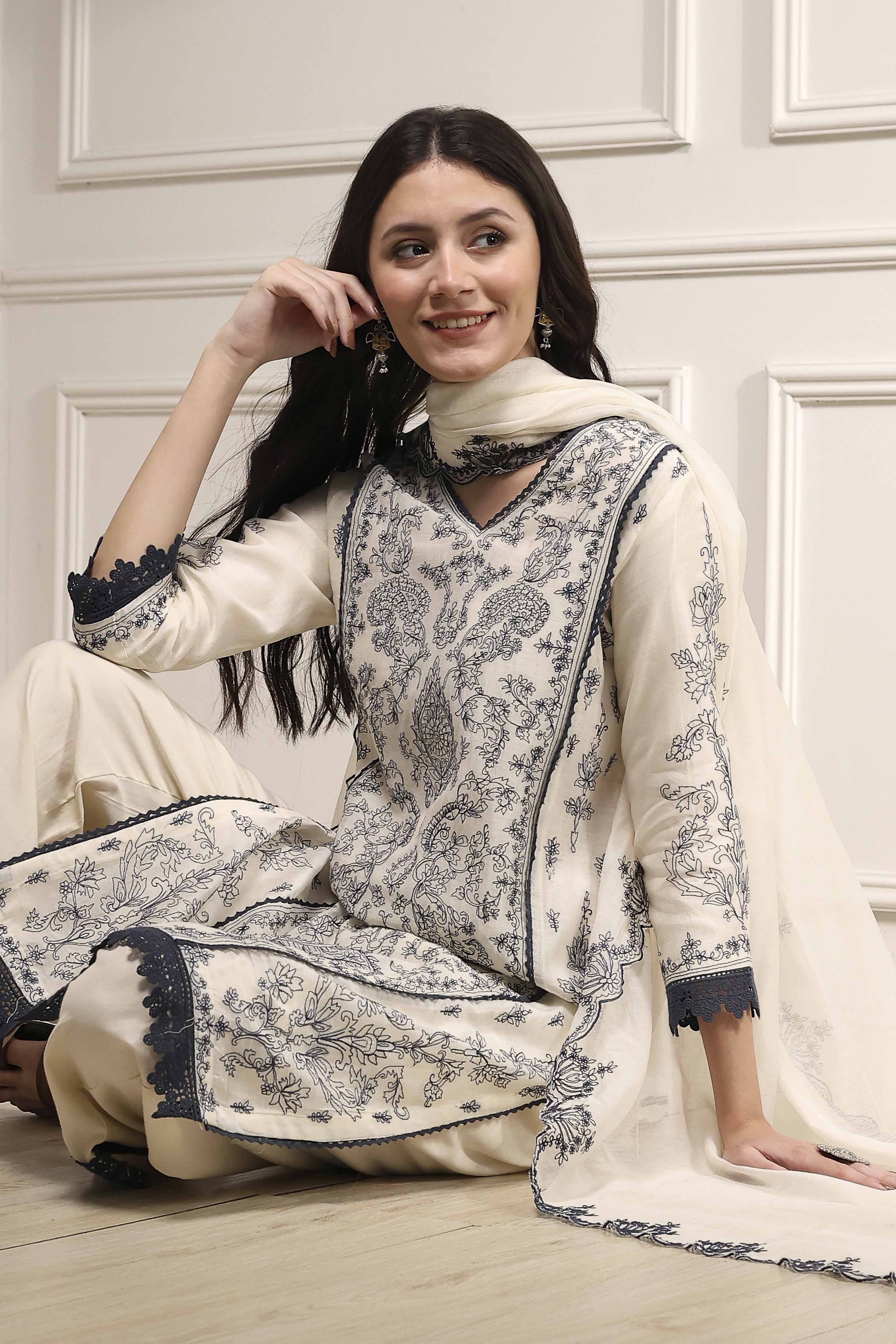 Natural White Chanderi Straight Dyed Suit Set image number 0