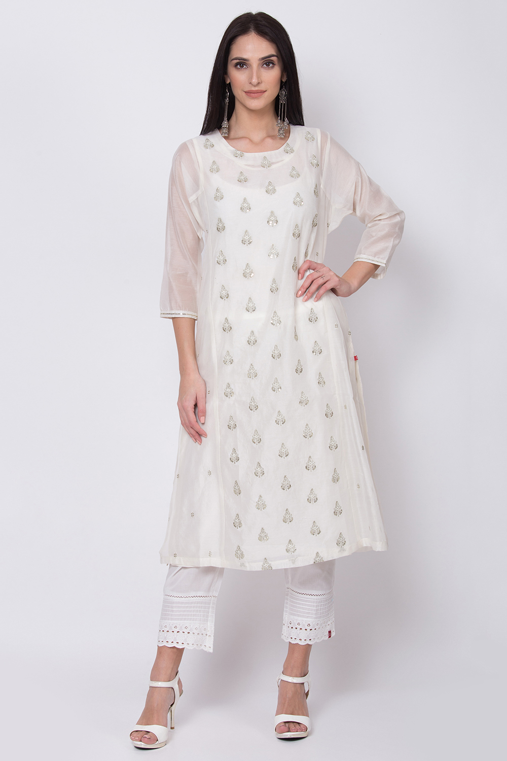 Off White Poly Cotton A-Line Embroidered Kurta image number 0