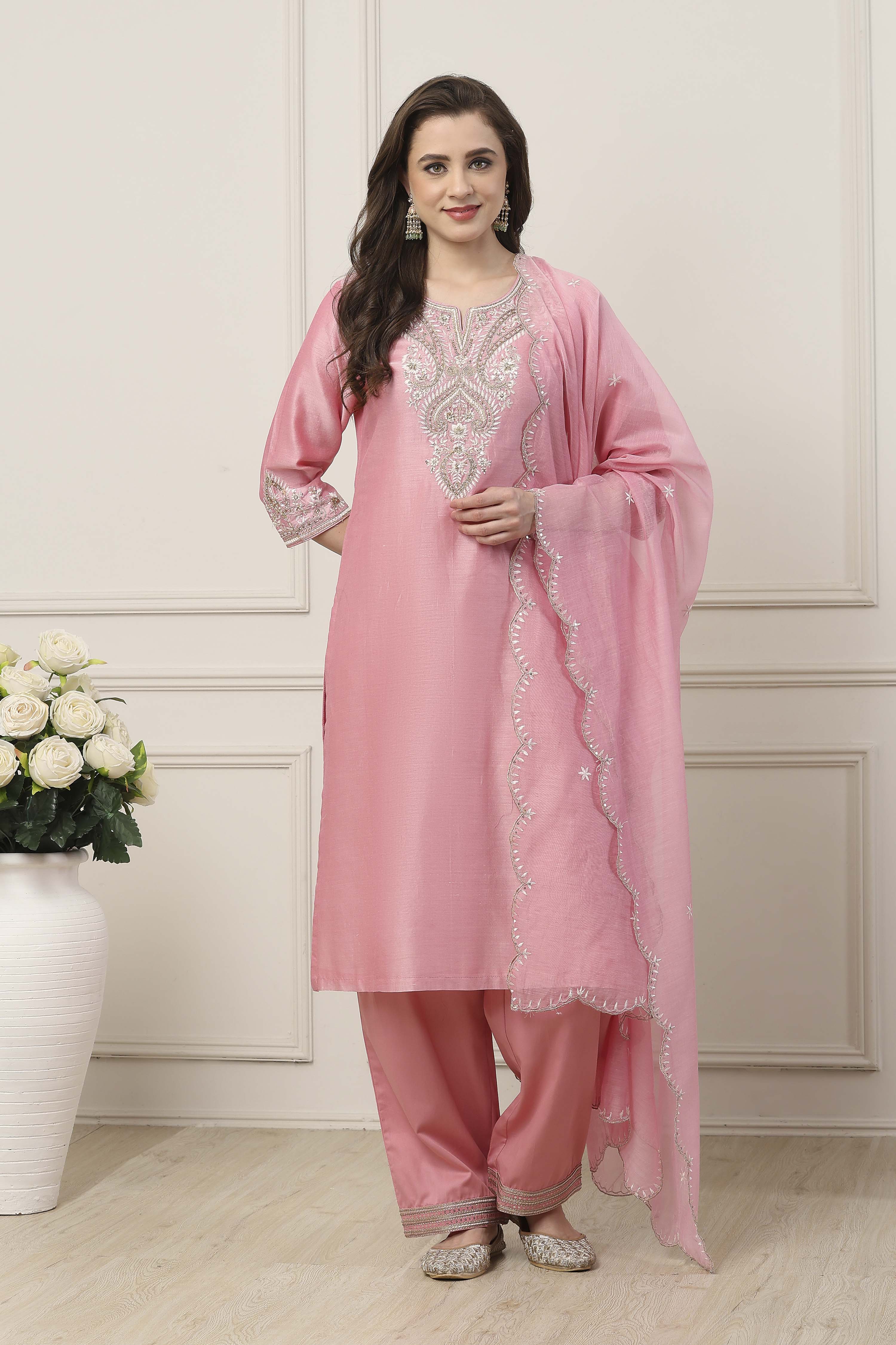 White Silk Chanderi Straight Suit Set image number 6