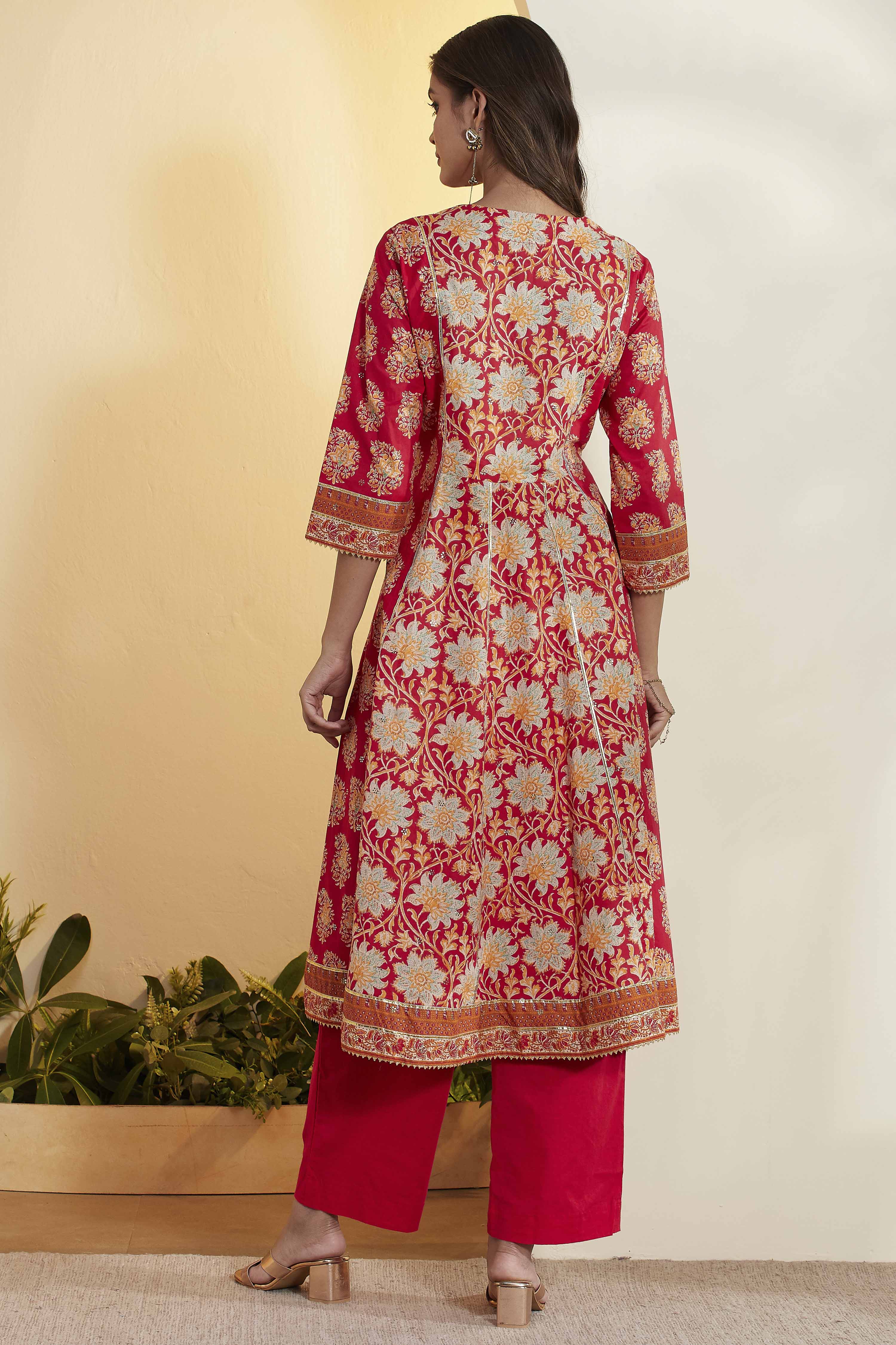 Red Cotton Floral Printed Anarkali Kurta Set image number 6
