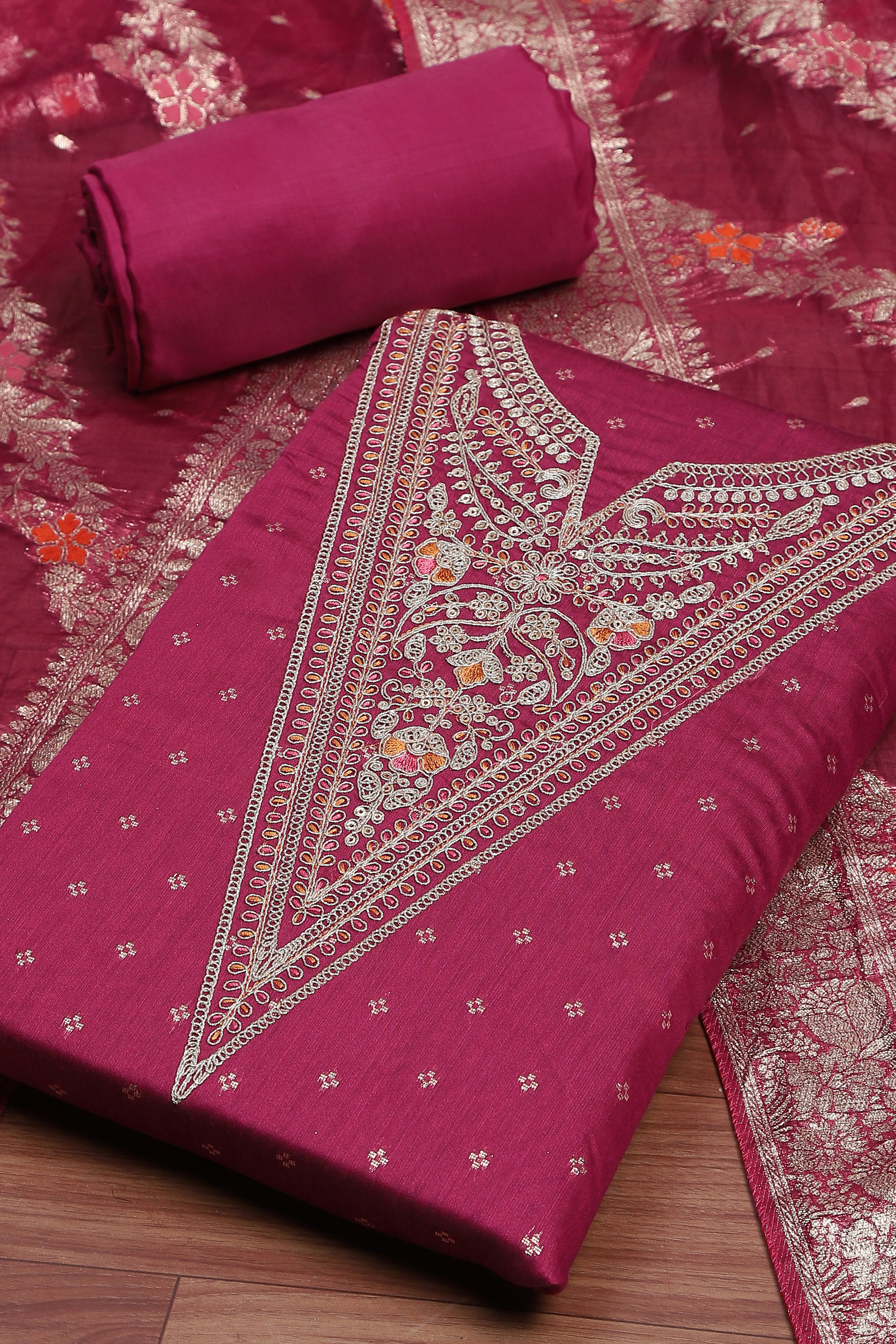 Botle Green Tissue Chanderi Embroidered Unstitched Suit Set image number 1