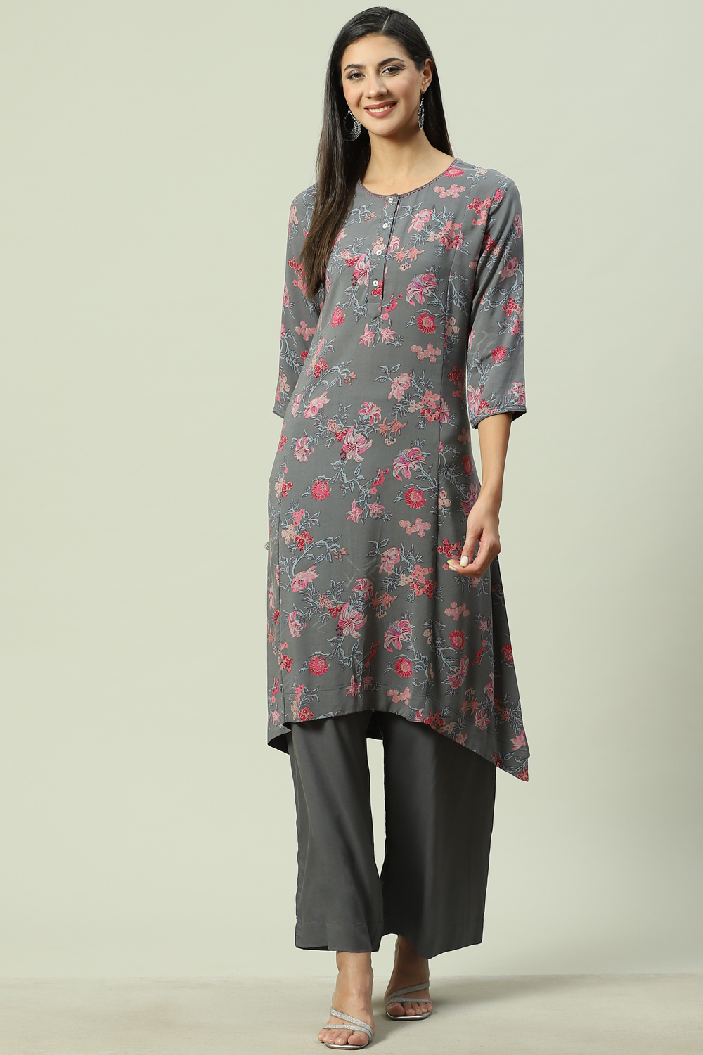 Grey Viscose A-Line Kurta Palazzo Suit Set image number 5