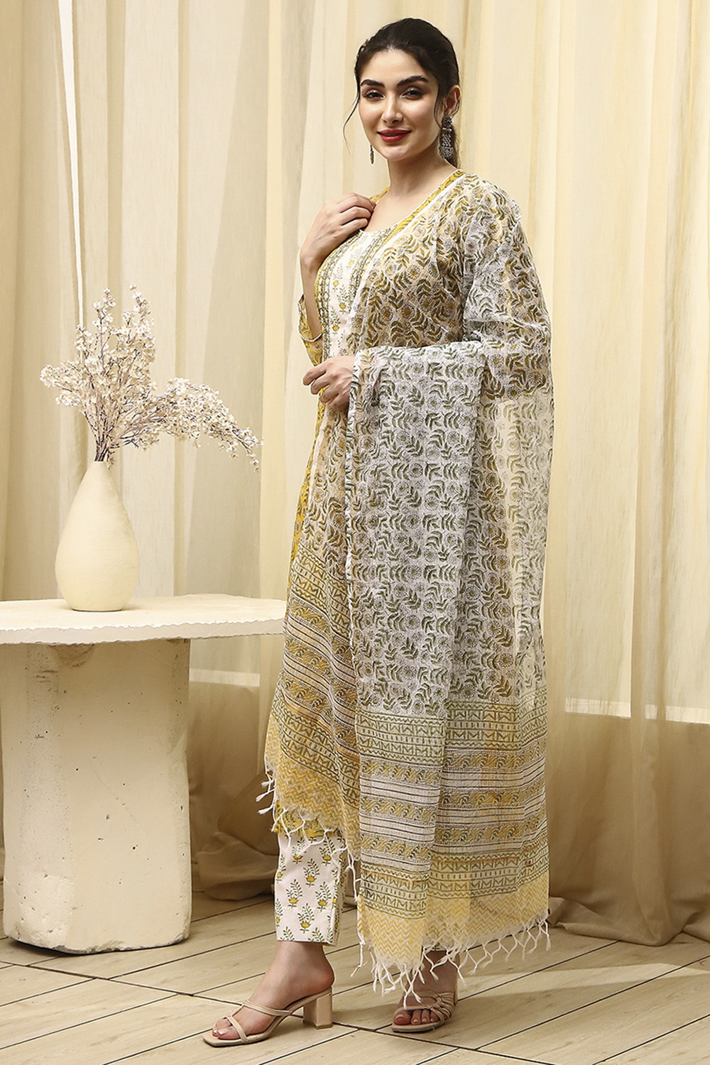 Coral Cotton Hand Block Print Unstitched Suit Set image number 4