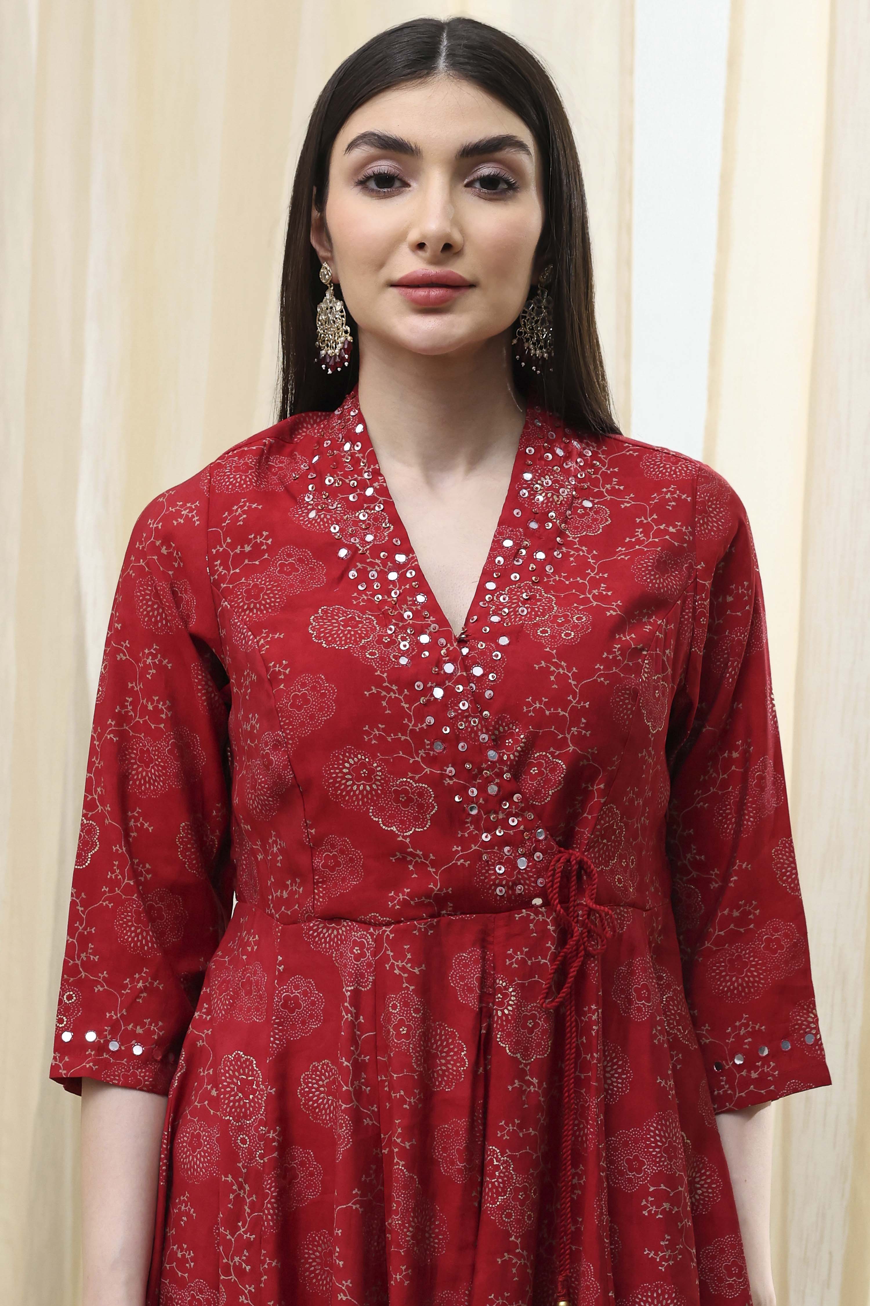 Navy Blue Printed Angrakha Style Anarkali Suit Set image number 1