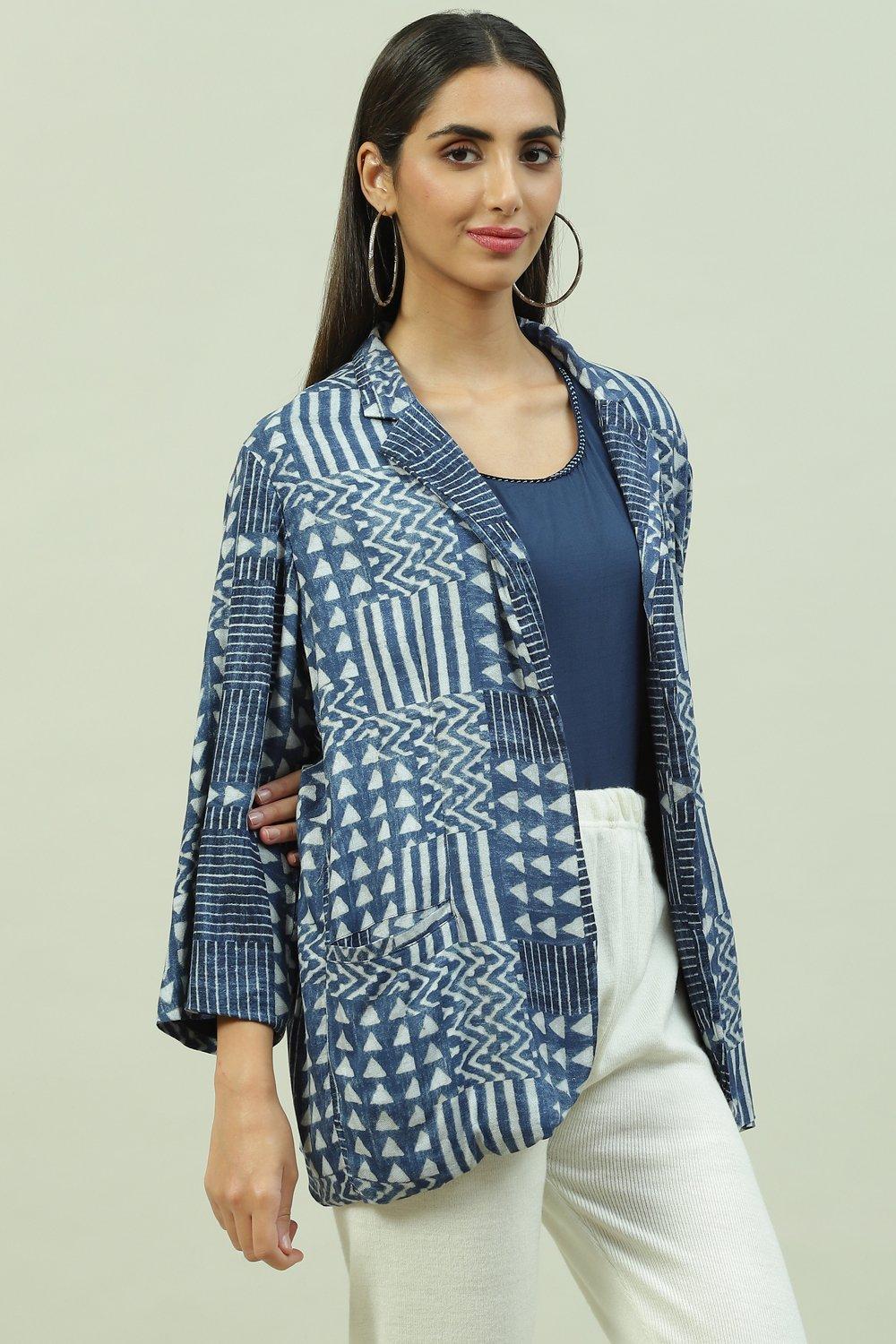 Indigo Viscose Straight Printed Jacket image number 0