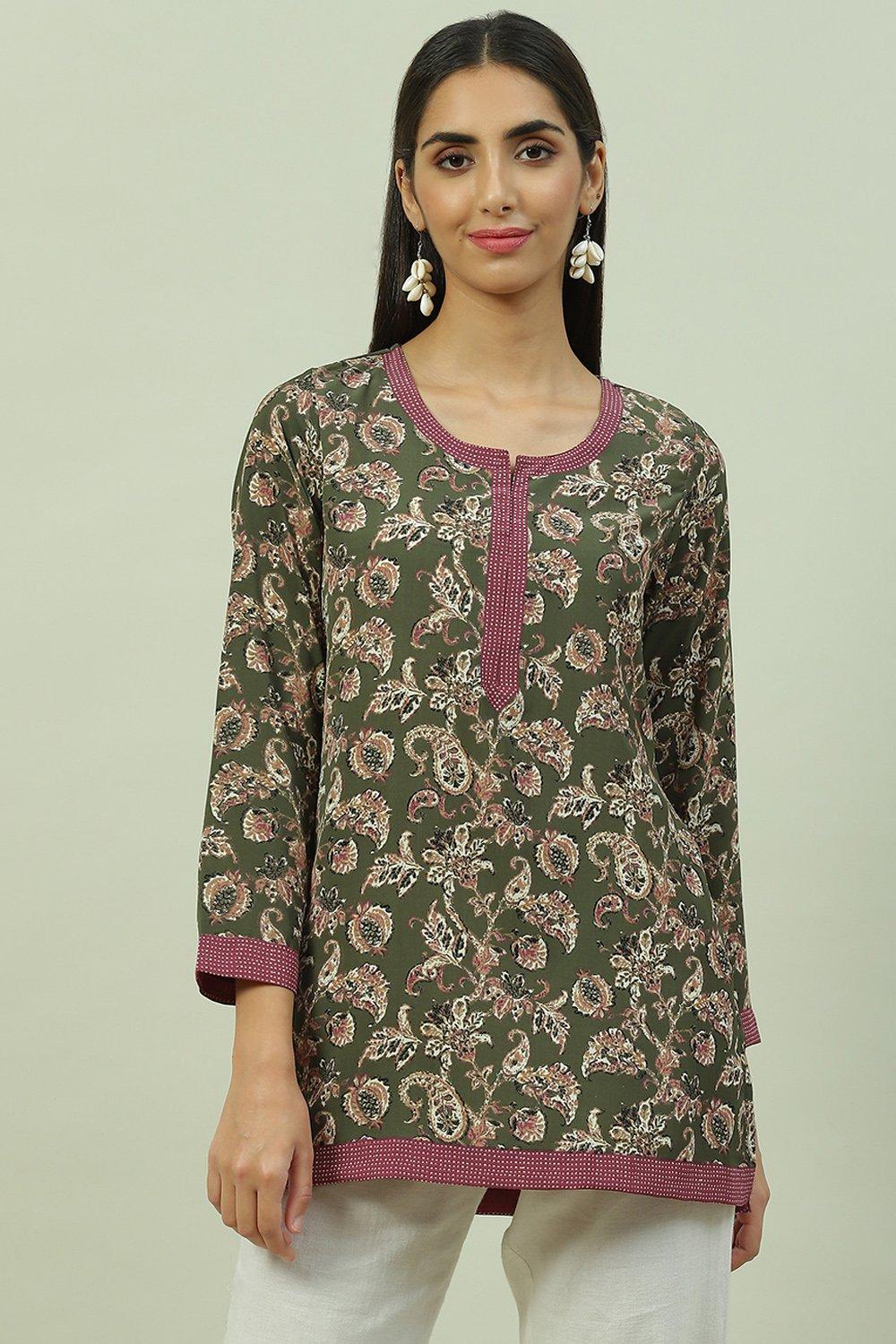 Grey Art Silk Straight Printed Kurti image number 0