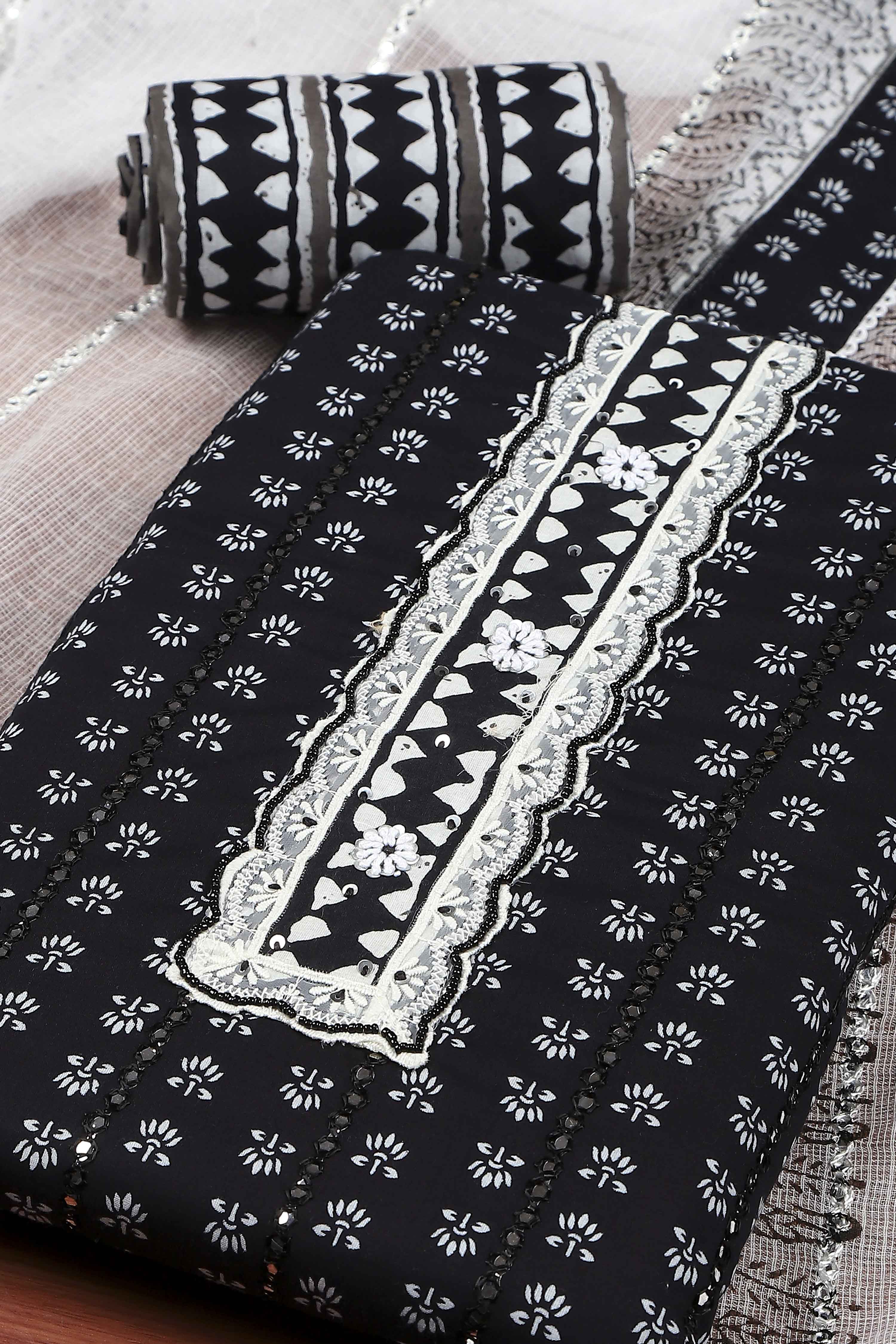 Black Cotton Printed Embroidered Unstitched Suit Set image number 1