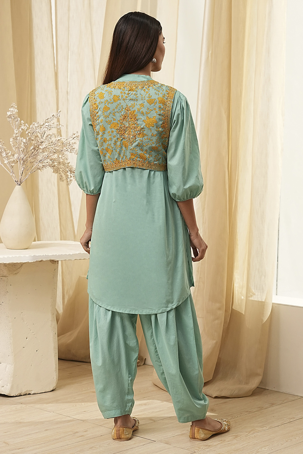 Sage Green Cotton Pathani Straight Kurta Set image number 4