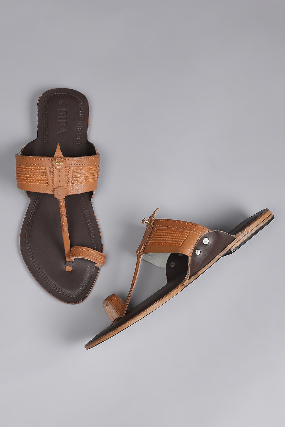 Tan & Dark Brown Leather Kolhapuri Sandals image number 4