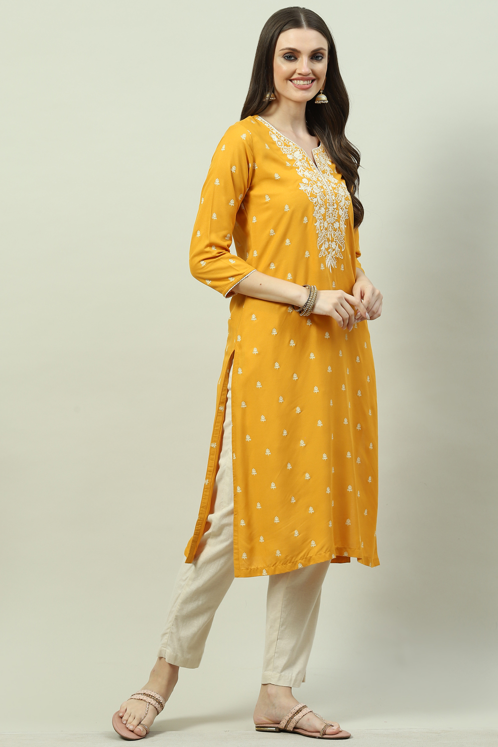 Warm Mustard LIVA Straight Printed Kurta image number 3