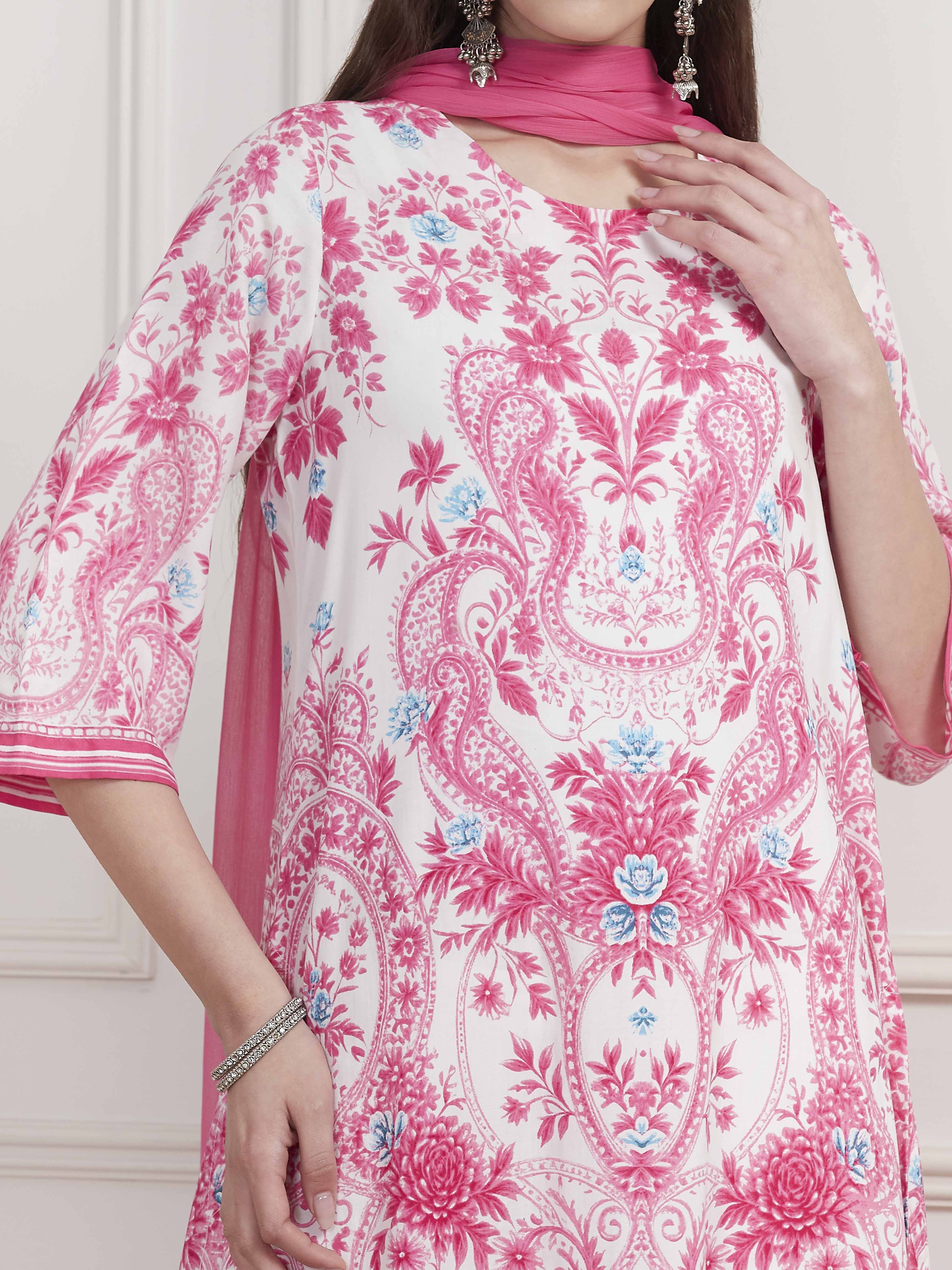 Pink and White Printed Straight Suit Set image number 1