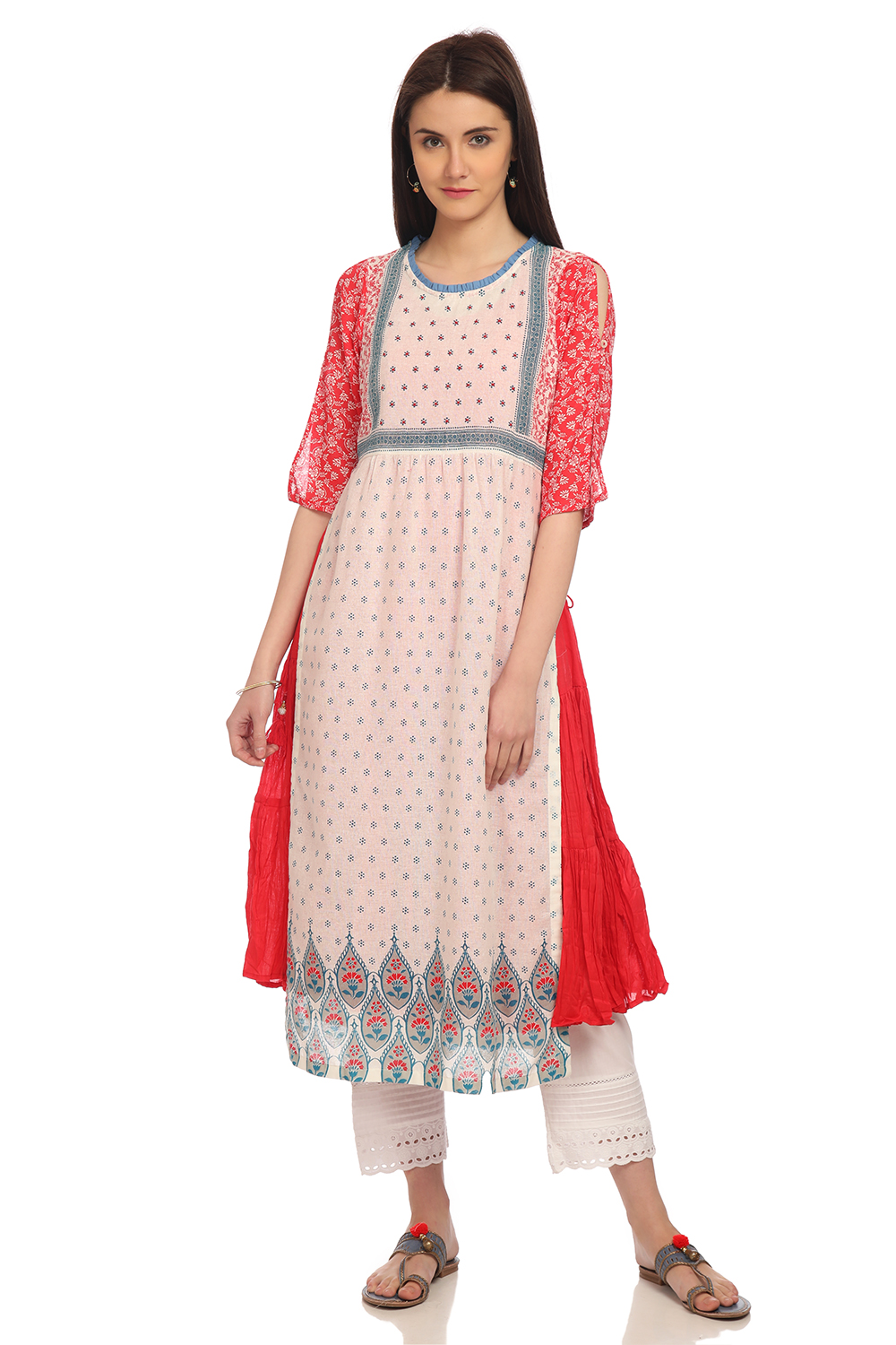 White Flared Cotton Printed Kurta image number 0