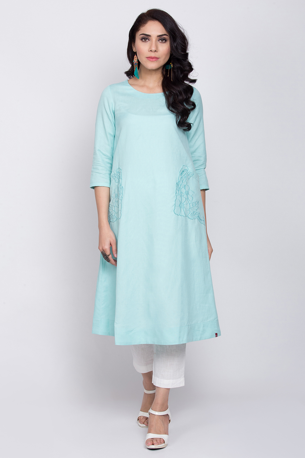 Sky Blue Cotton Linen A-Line Yarndyed Kurta image number 0