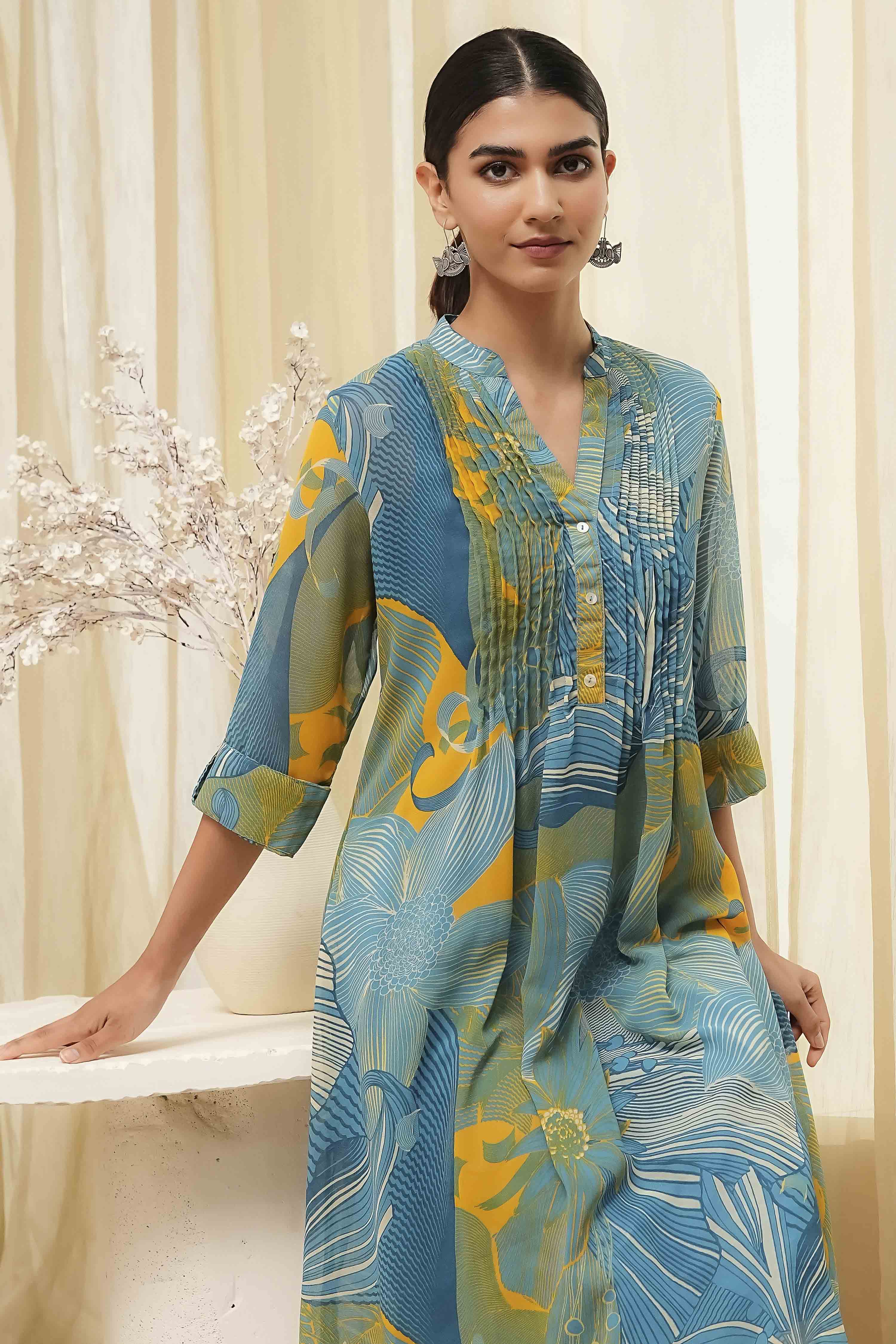 Blue Printed Pleated A-Line Kurta image number 7