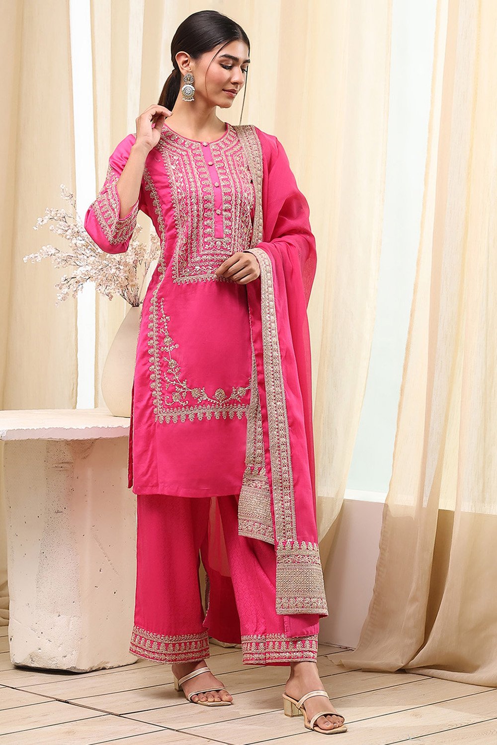 Fuchsia Cotton Silk Straight Suit Set image number 5