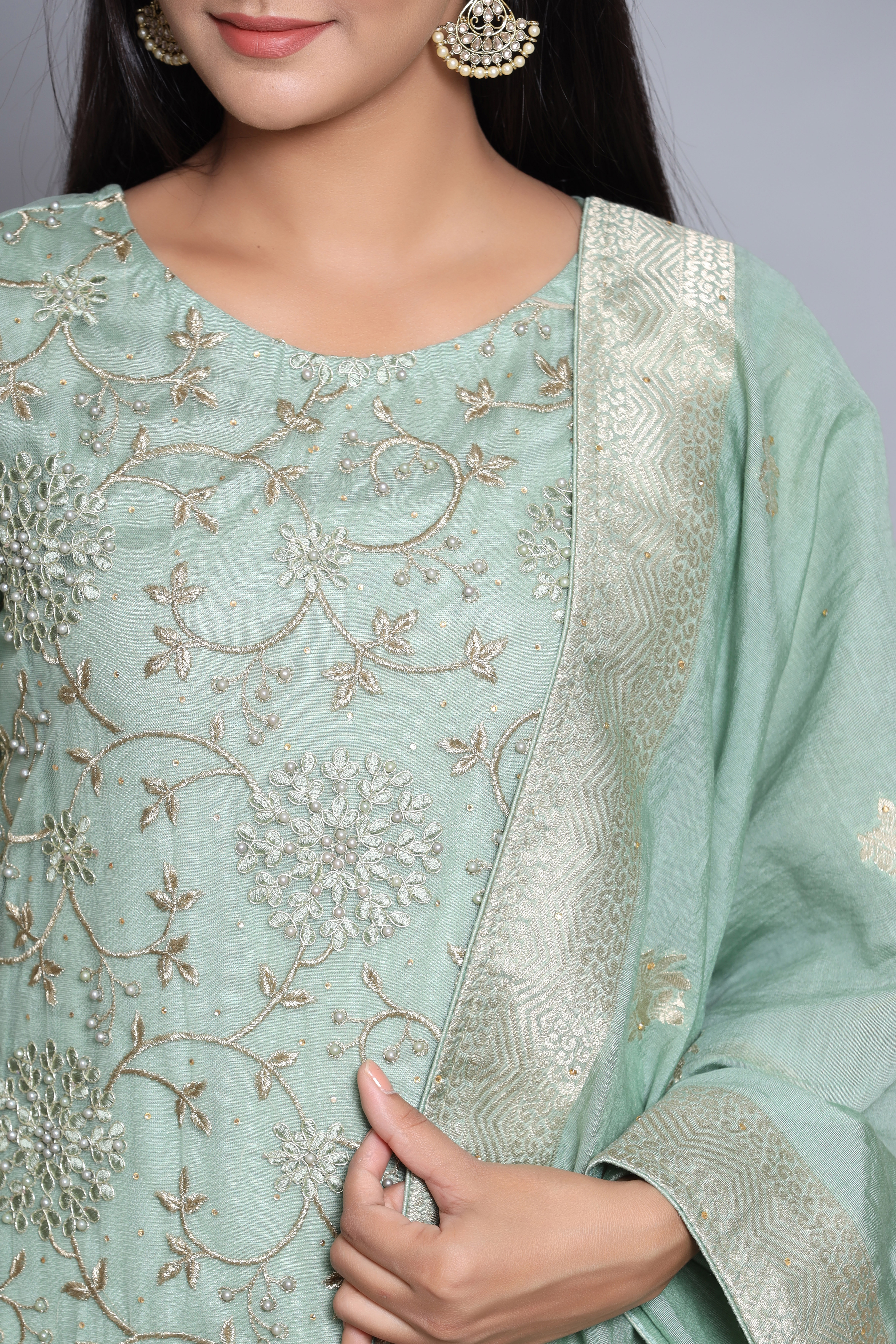 Pista Green Fancy NetÂ  Easy Stitch Suit Set image number 1