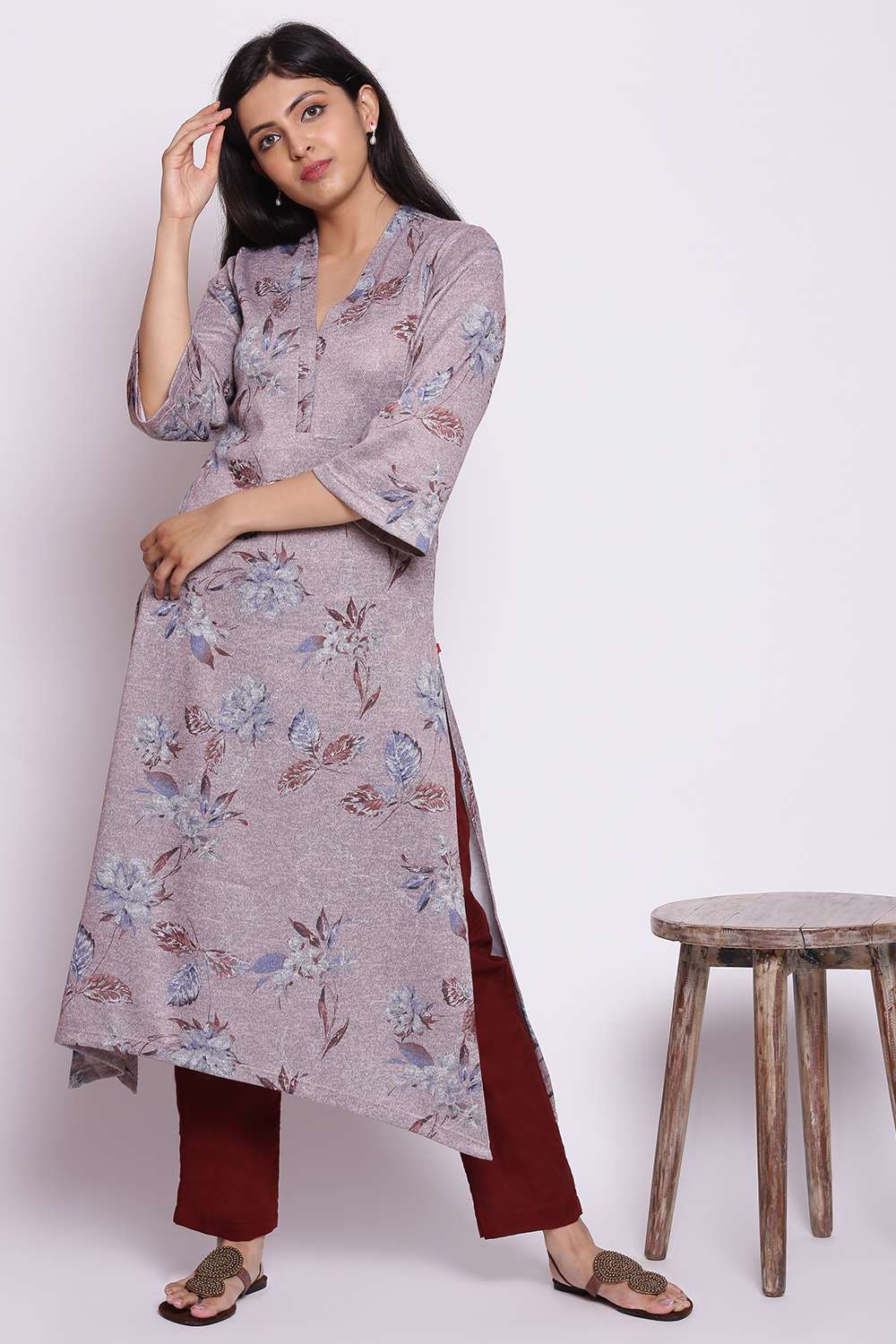 Blush Pink Straight Woolen Printed Kurta image number 2