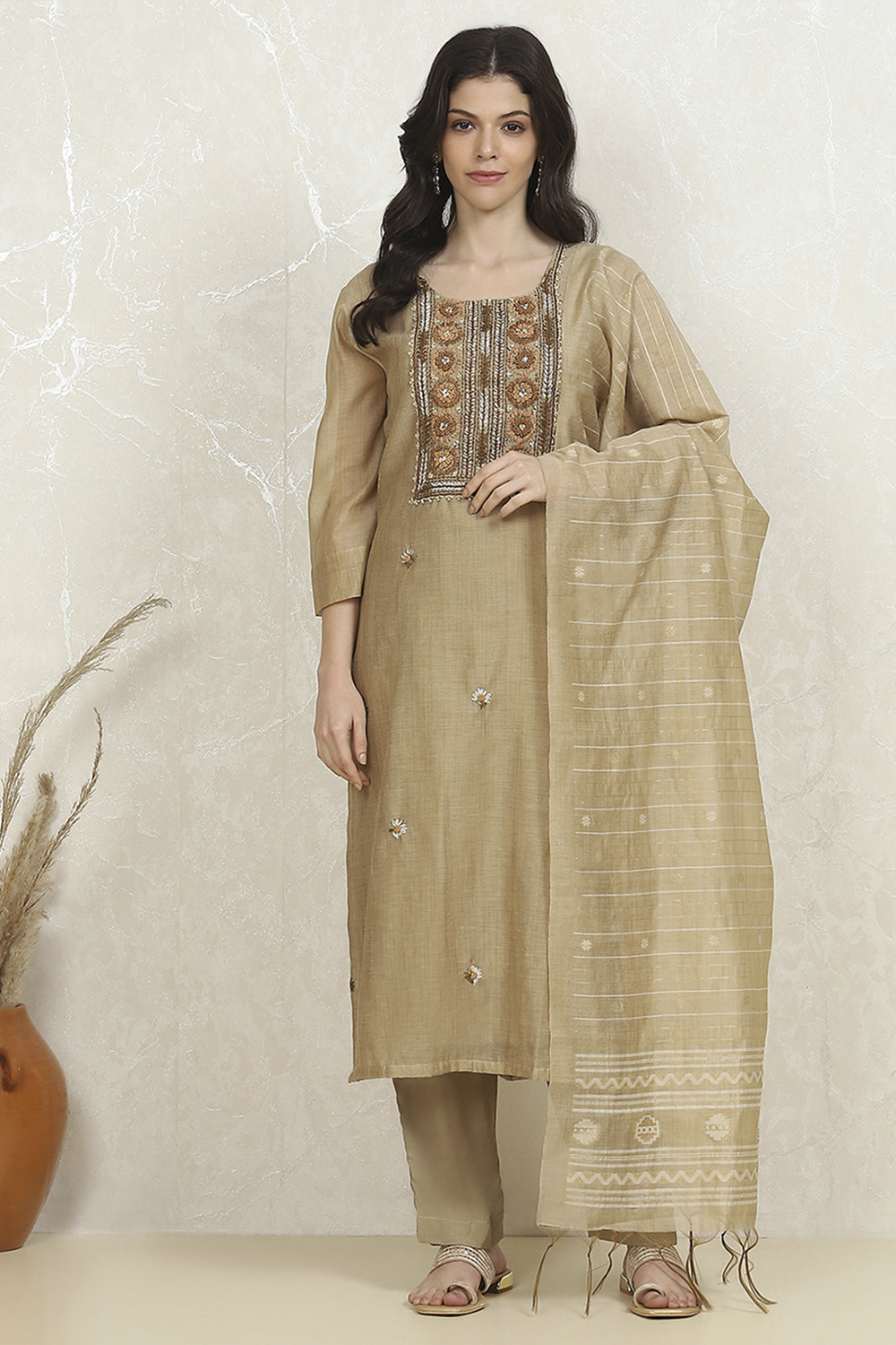 Beige Cotton Hand Embroidered Unstitched Suit Set image number 7