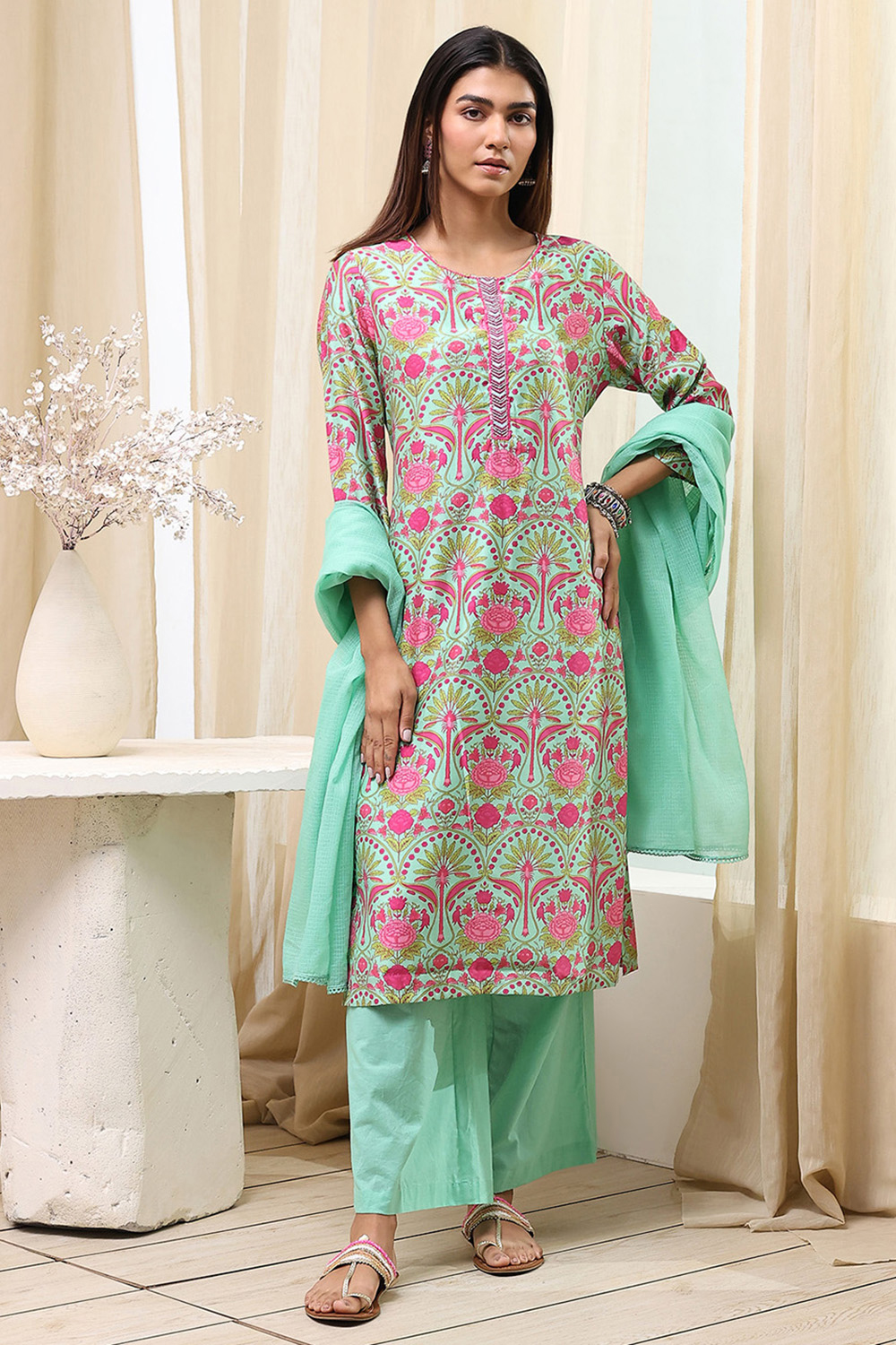 Sea Green Viscose Rayon Straight Suit Set image number 6
