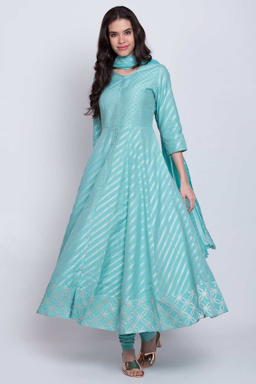 Sky Blue Poly Cotton Anarkali Kurta Churidar Suit Set Biba India