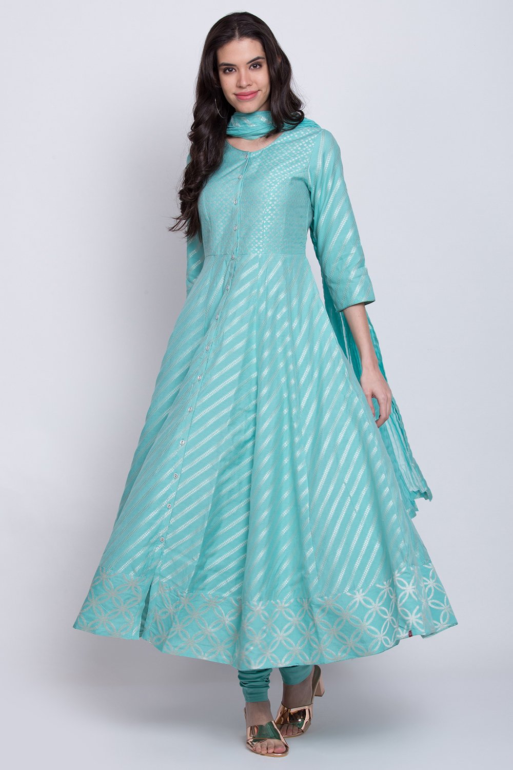 Sky Blue Poly Cotton Anarkali Kurta Churidar Suit Set image number 0