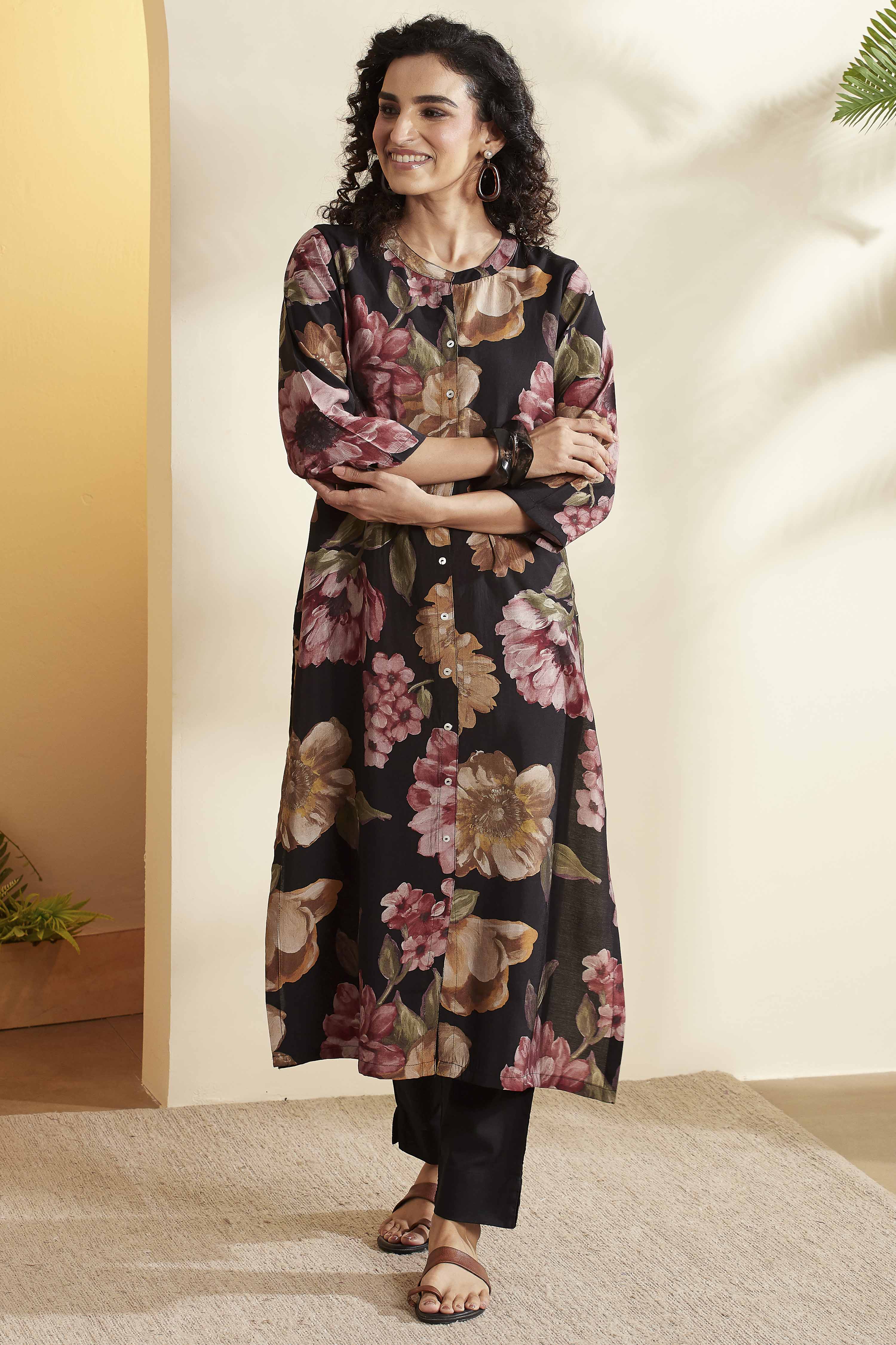 Grey Poly Viscose Floral  A-Line Kurta image number 0