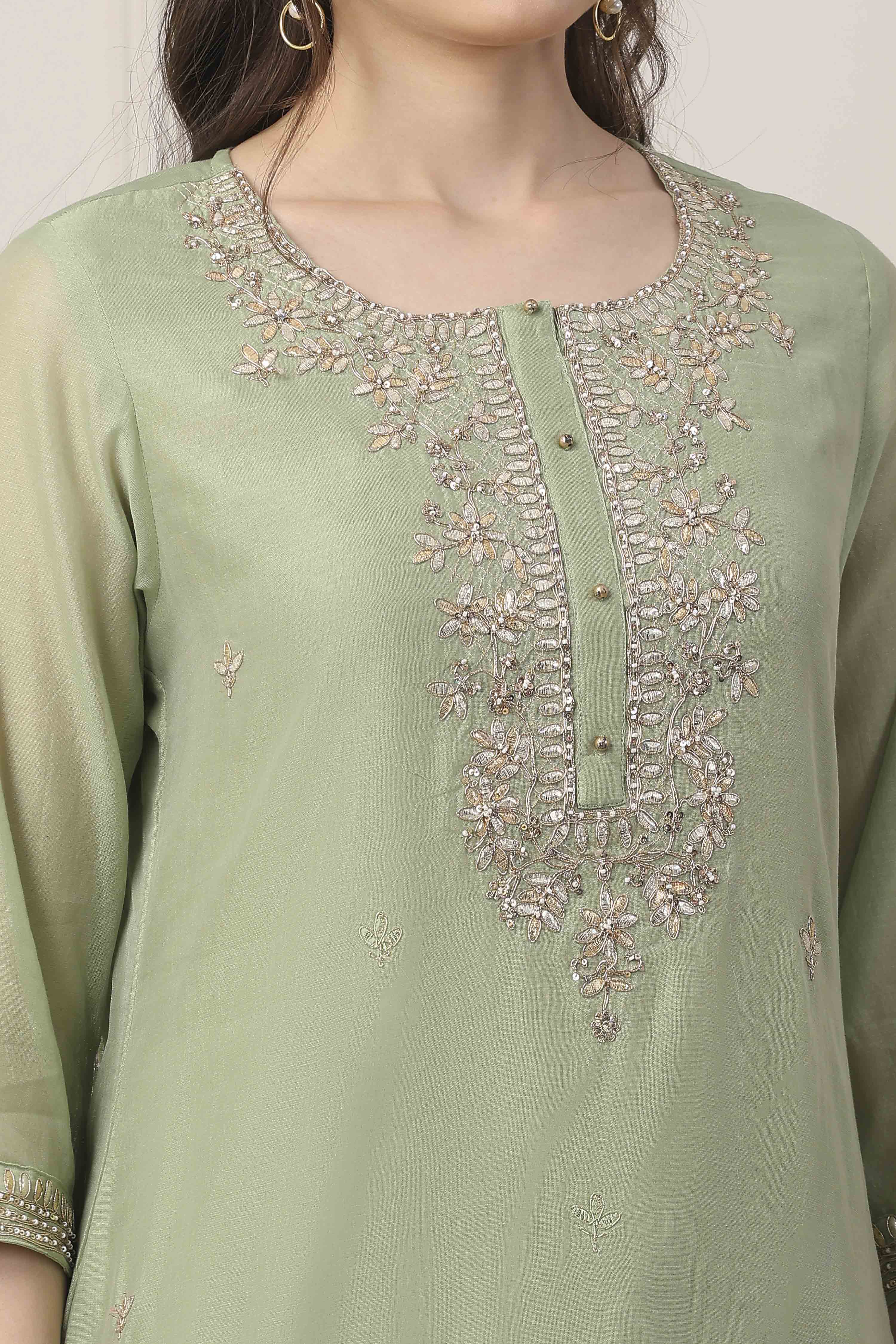 Green Poly Chanderi Sequin Embroidered Straight Suit Set image number 1