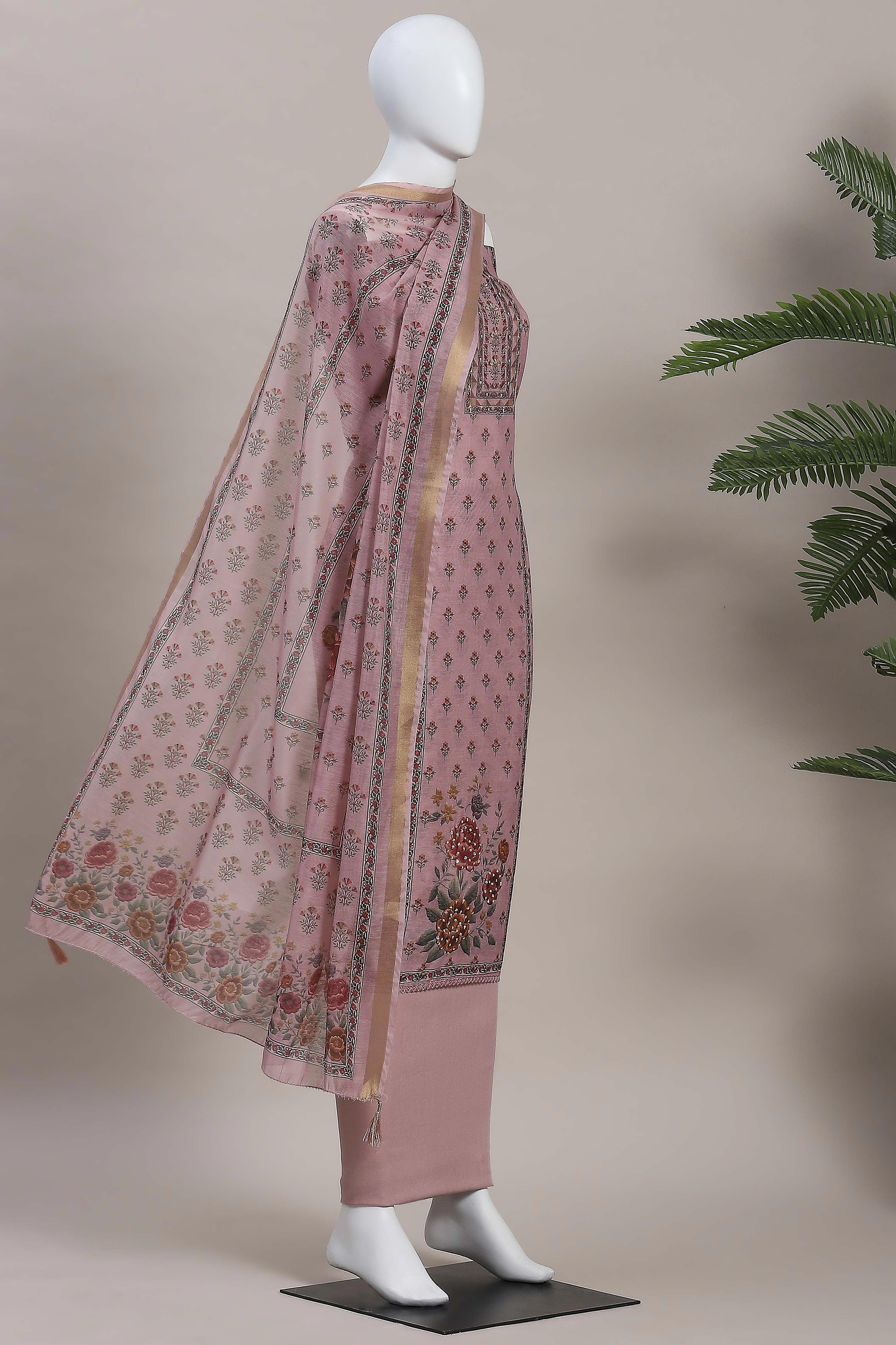 Cream-Toned Muslin Rajasthani Print Unstitched Suit Set image number 4