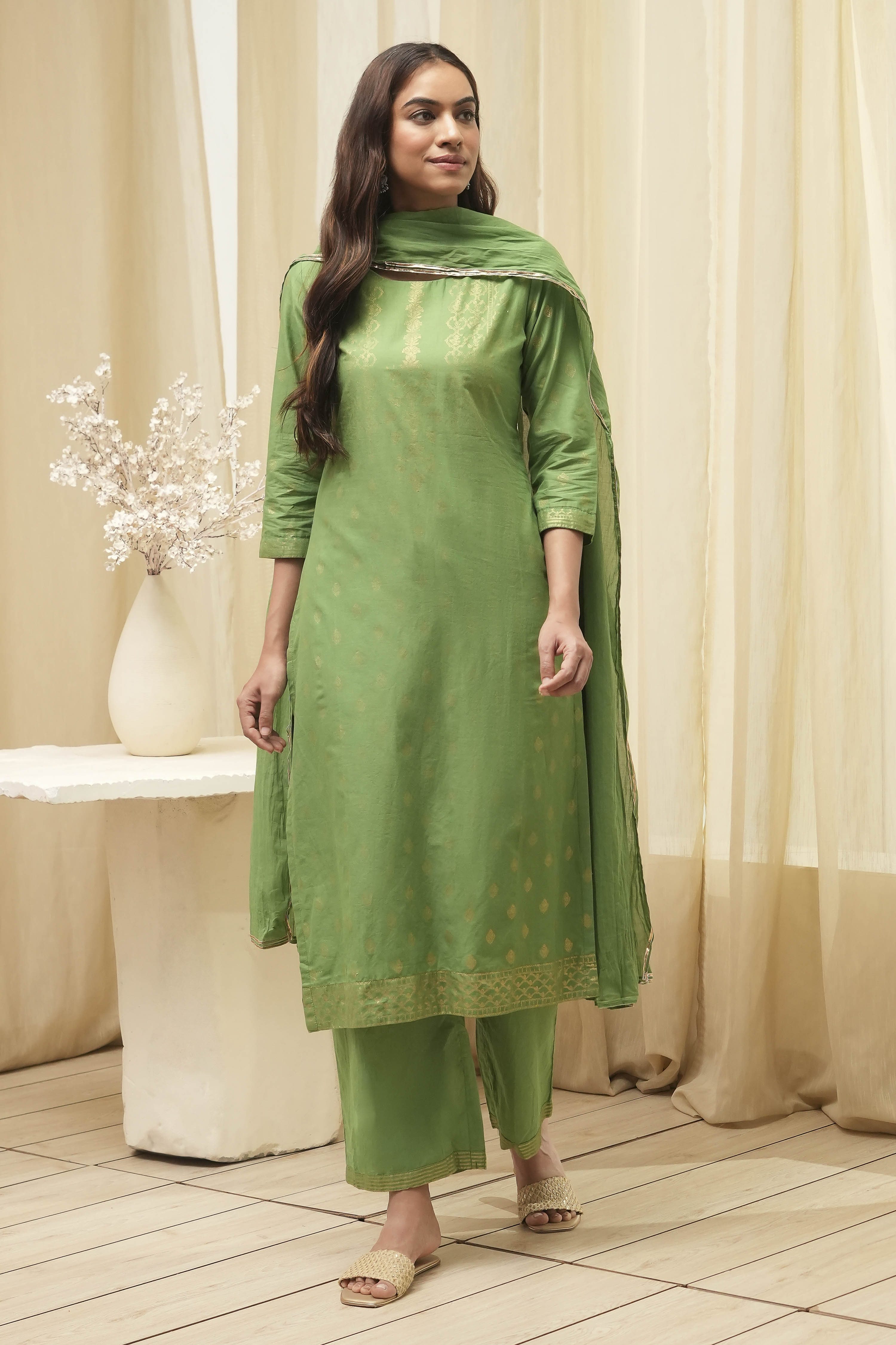 Blue Cotton Straight Kurta Palazzo Suit Set image number 0
