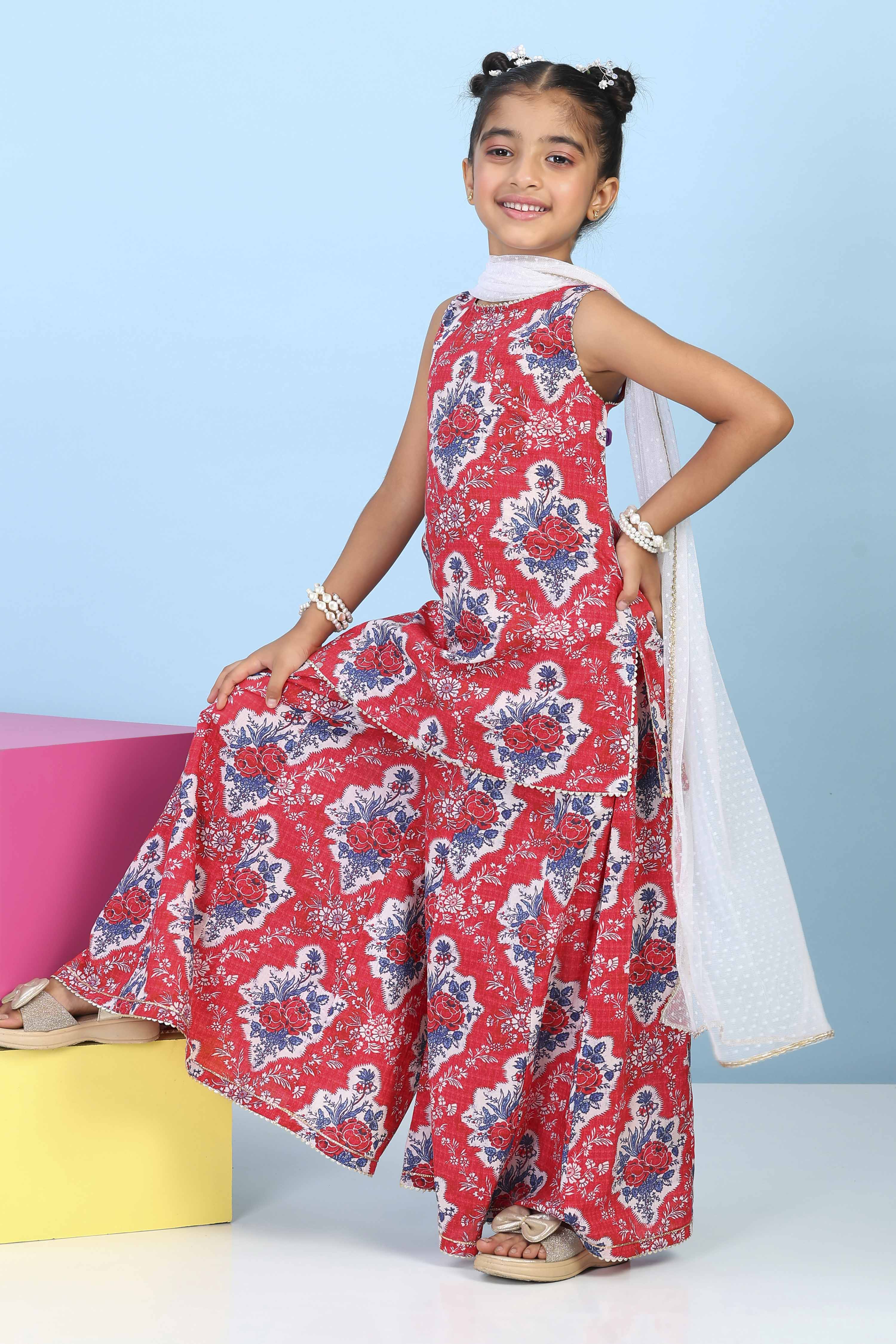 Red Cotton Printed Straight Suit Set image number 0