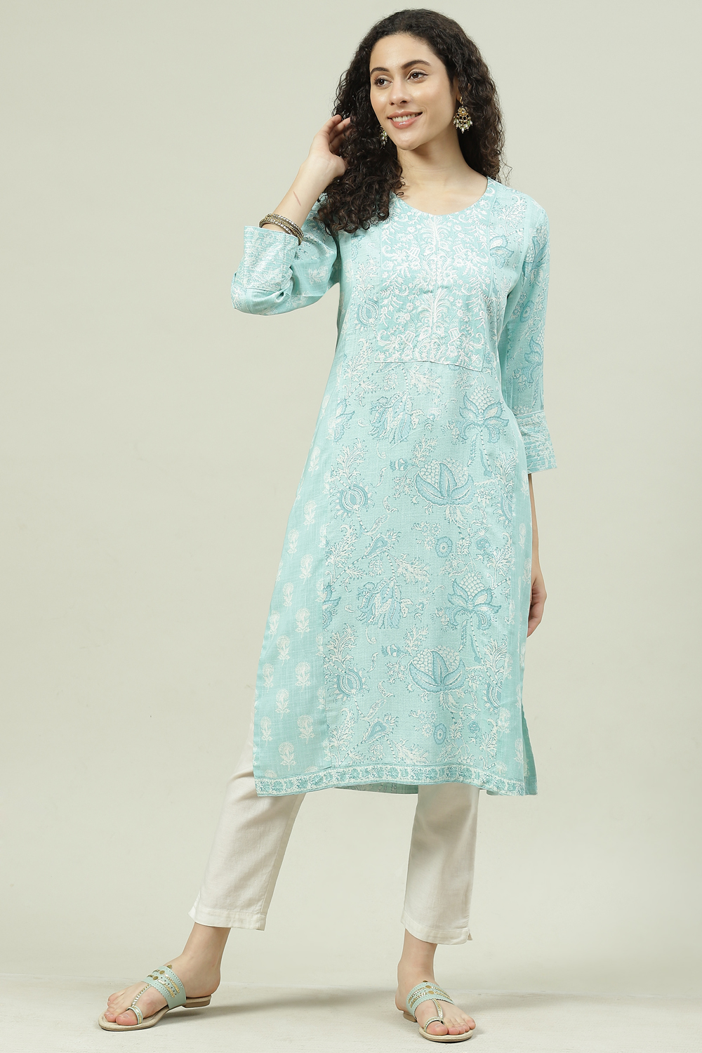 Turquoise Rayon Straight Printed Kurta image number 0