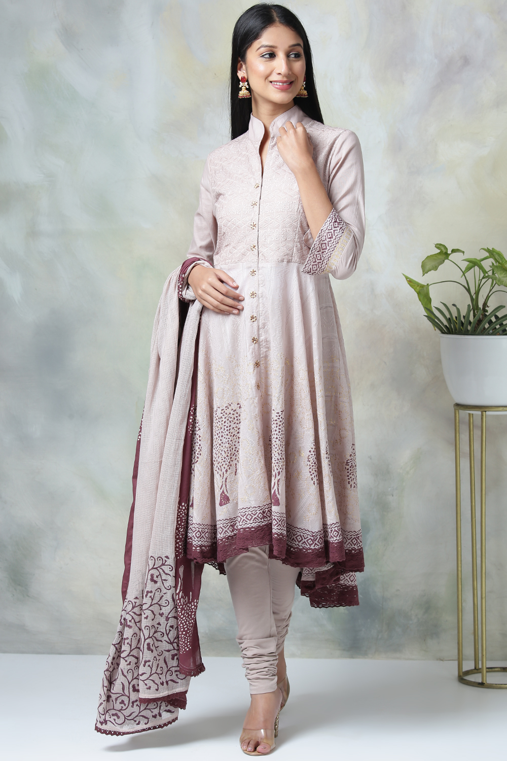 Light Purple Cotton Asymmetric Kurta Churidar Suit Set image number 3